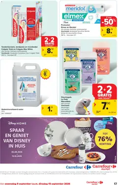 Tandenborstels, tandpasta en mondwater Colgate Total en Colgate Max White, alle soorten (behalve promopacks) Voorbeeld: tandpasta Complete Care Colgate Total - Voorbeeld van een folder van Carrefour, geldig van 09/09/2026 | Pagina: 17 | Producten: Gel, Douche, Tandpasta, Mondwater