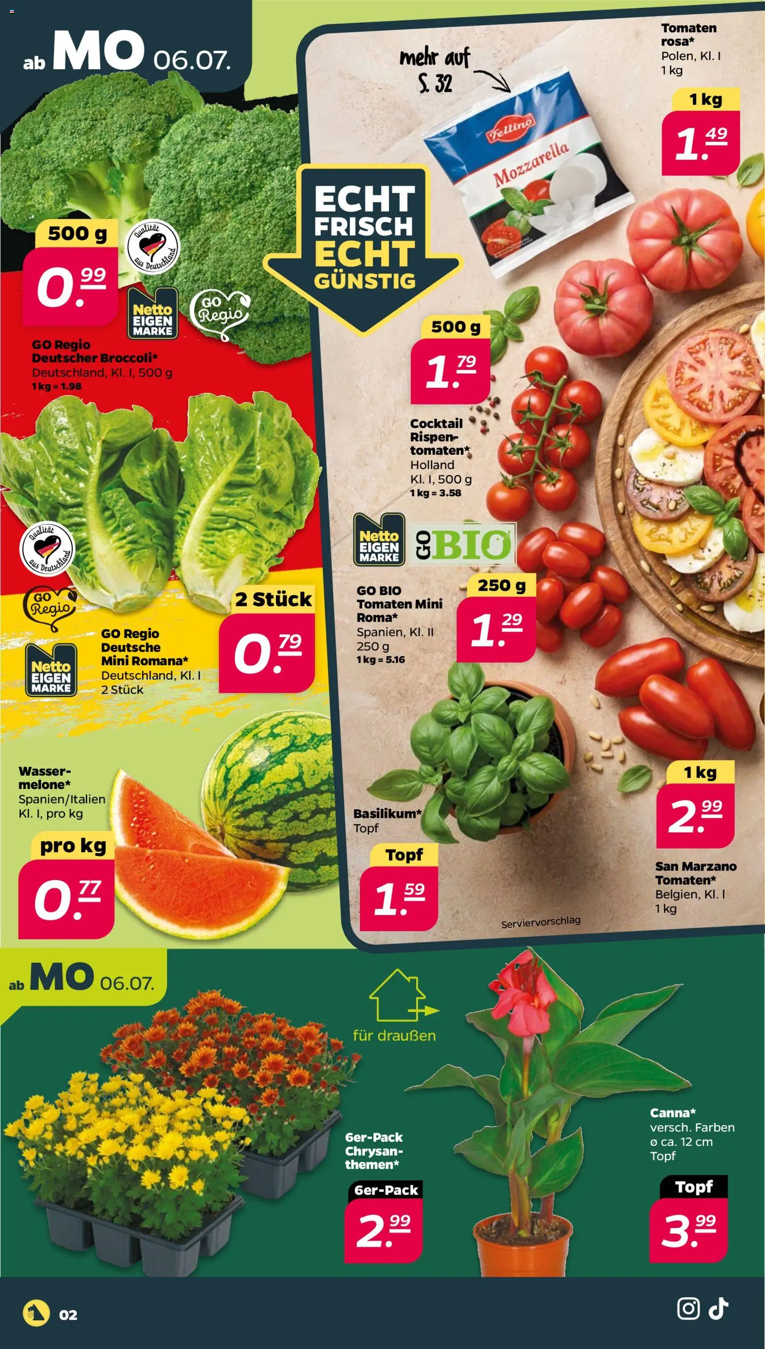 Netto Prospekt – gültig ab 06.07.2026 | Seite: 2 | Produkte: Mozzarella, Tomaten, Wasser