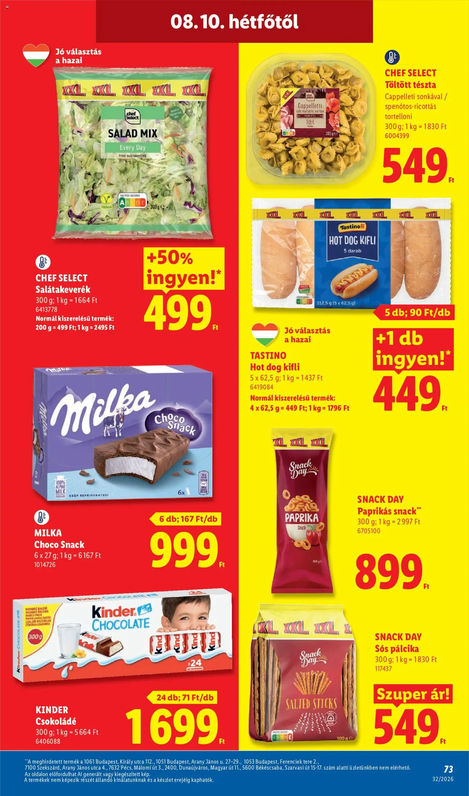 Lidl akciós ujság - amely érvényes a következő dátumtól: 2026.08.06. | Oldal: 73 | Termékek: Sós pálcika, Csokoládé, Chef Select, Snack Day