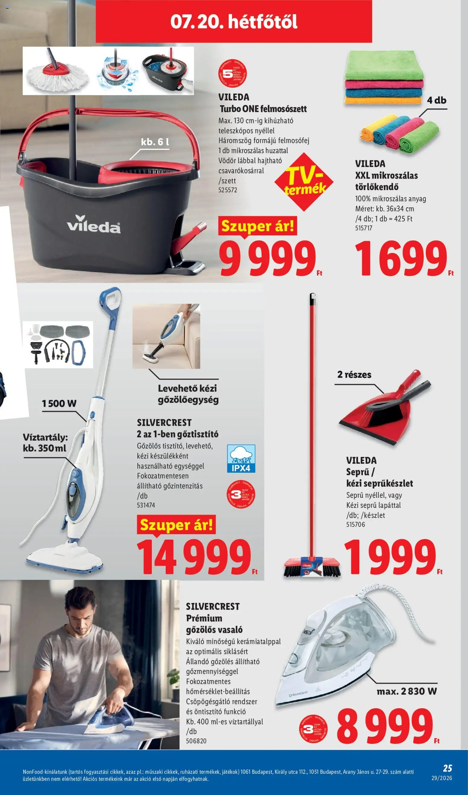 Lidl akciós ujság - amely érvényes a következő dátumtól: 2026.07.16. | Oldal: 25 | Termékek: Gőztisztító, Vasaló, Törlőkendő, Vileda