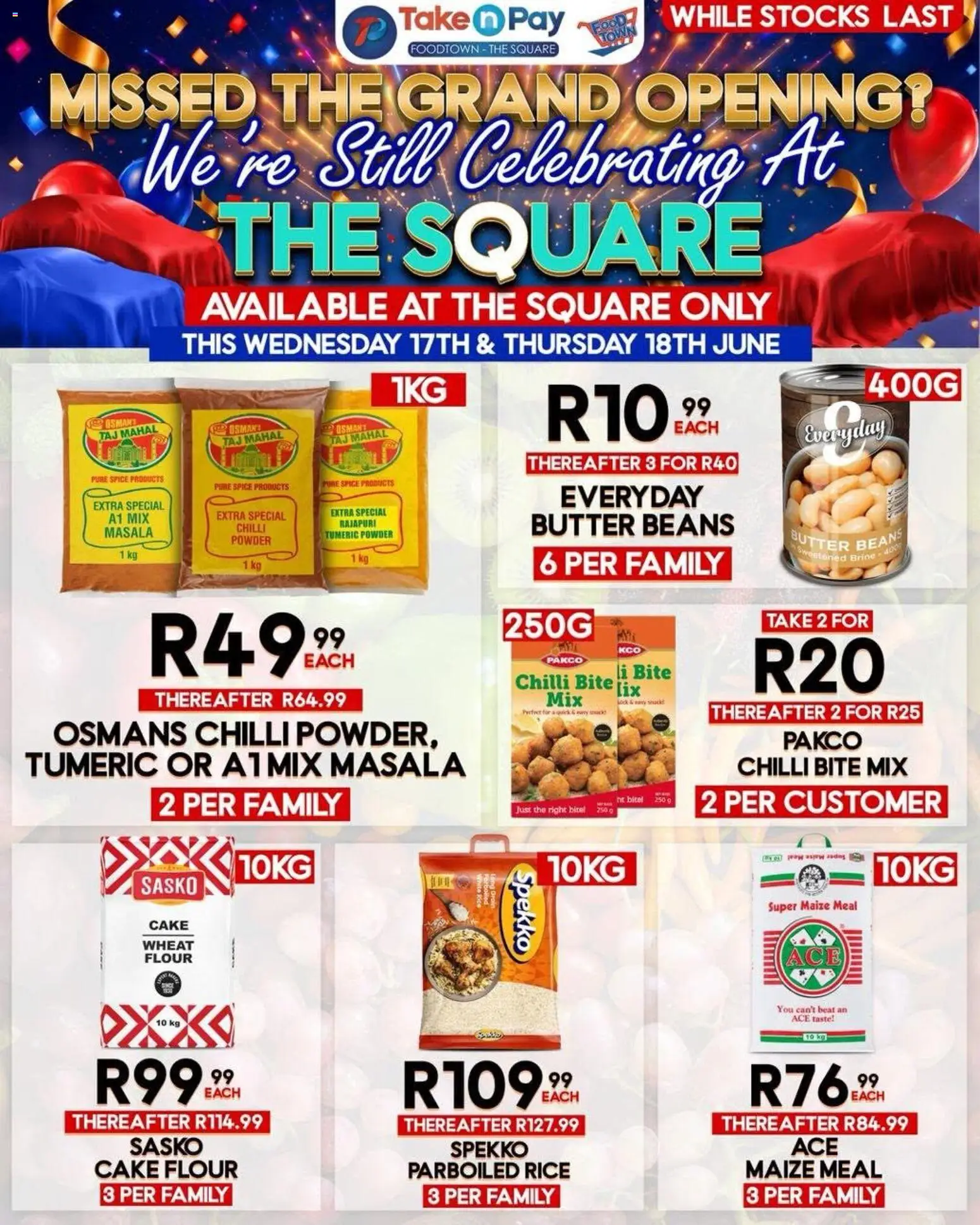 New Take n Pay catalogue – valid from 17.06.2026 | Page: 1 | Products: Flour, Maize meal, Butter, Rice
