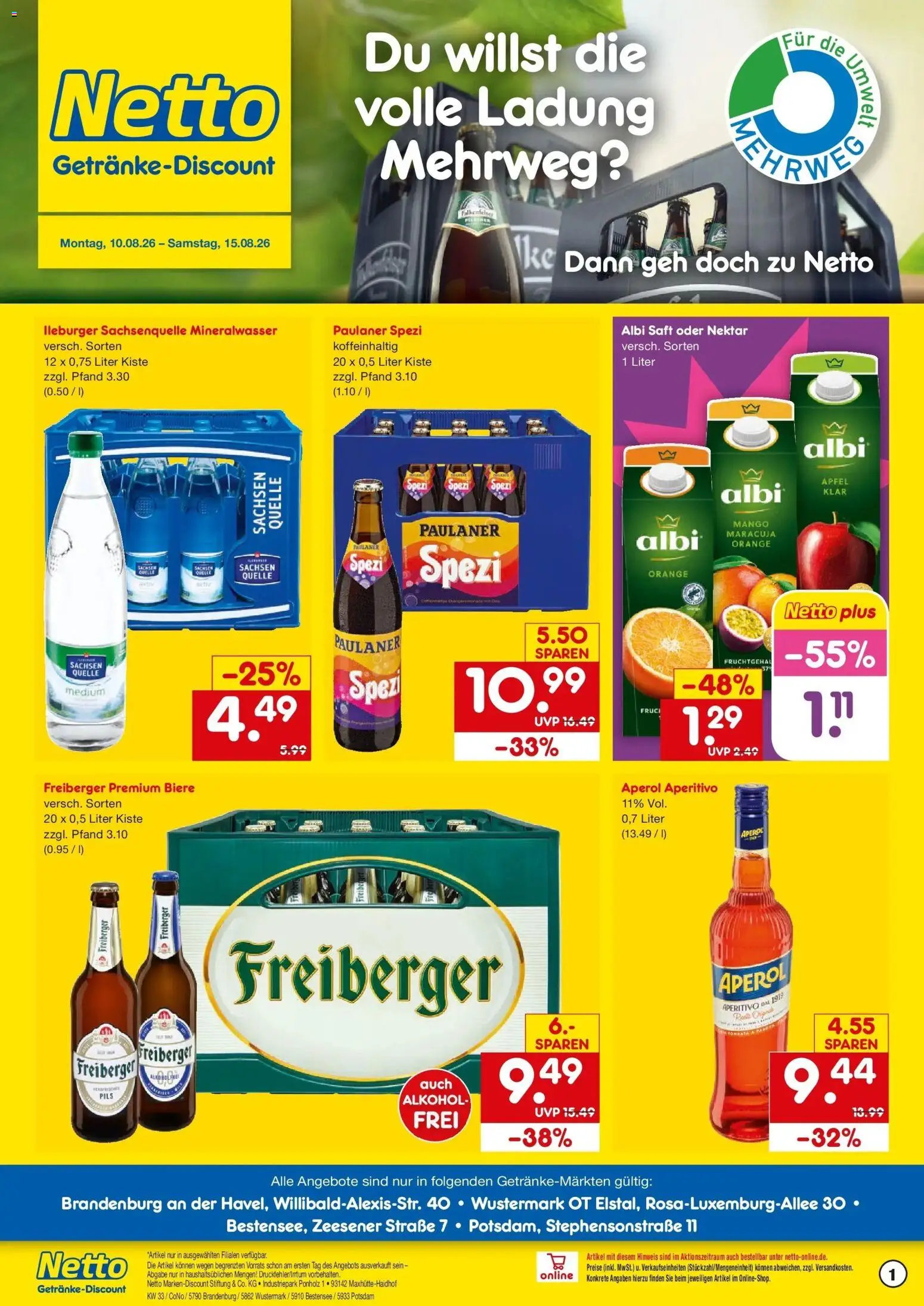Netto Marken-Discount Prospekt Wustermark-Elstal – gültig ab 10.08.2026 | Seite: 1 | Produkte: Paulaner spezi, Mineralwasser, Mango, Paulaner
