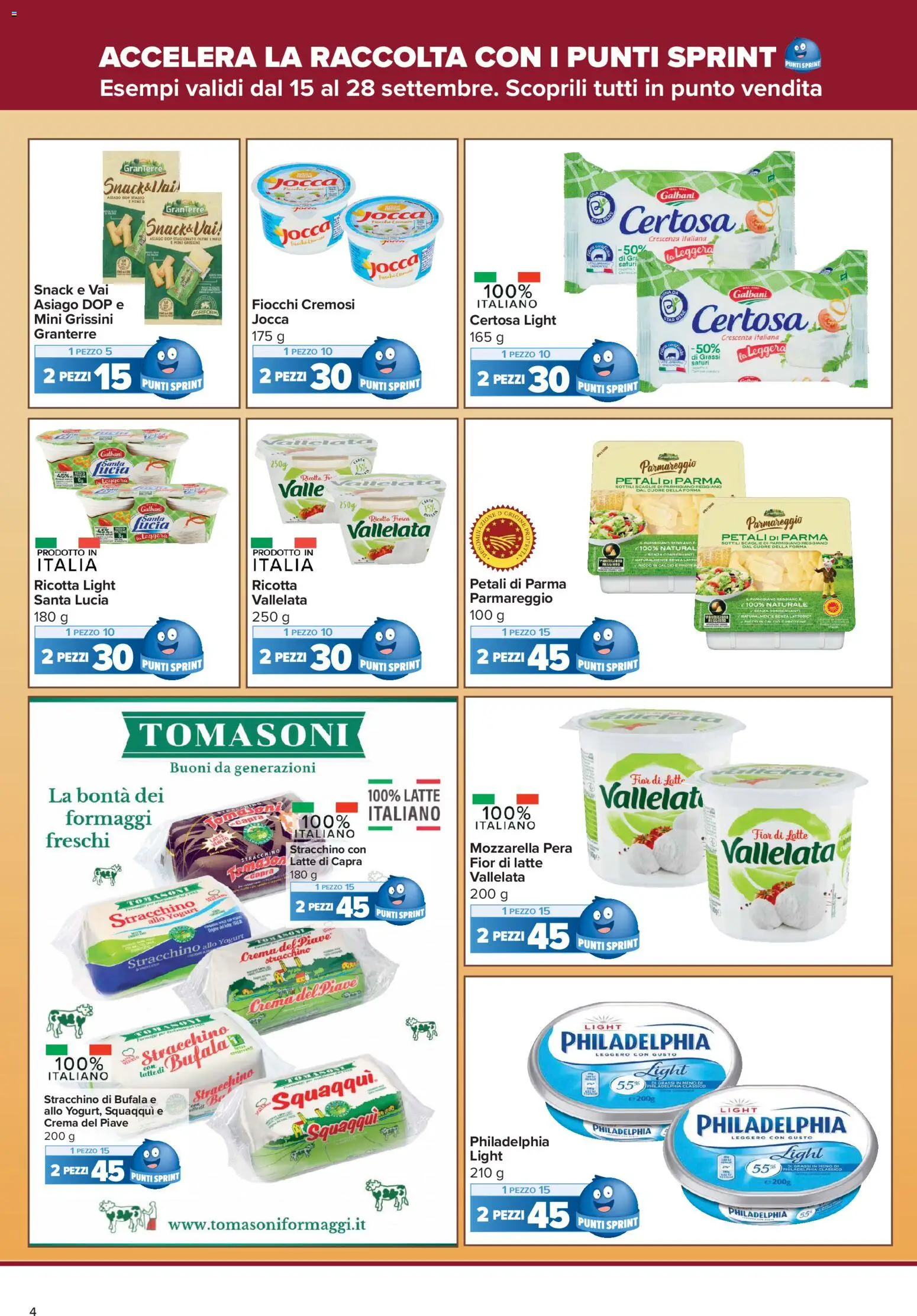 Volantino Carrefour del 15/09/2026 | Pagina: 4 | Prodotti: Mozzarella, Stracchino, Parmigiano, Senza lattosio