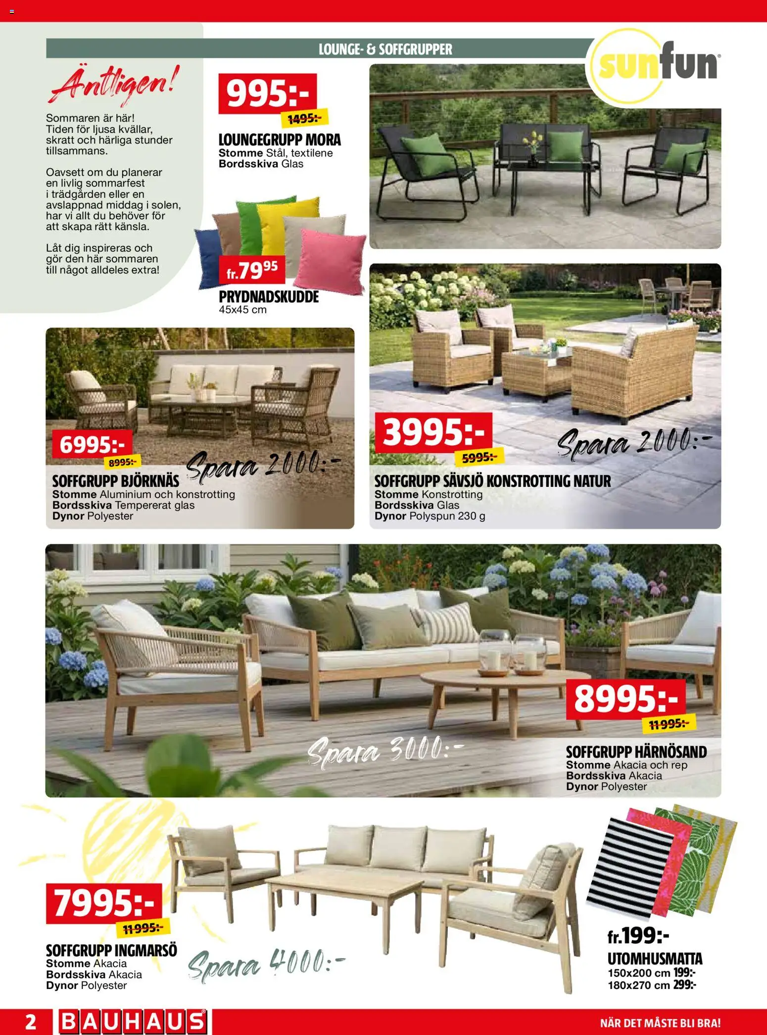 Bauhaus reklamblad aktuell från 01.06.2026 | Sida: 2 | Produkter: Dynor, Utomhusmatta, Soffgrupp, Prydnadskudde