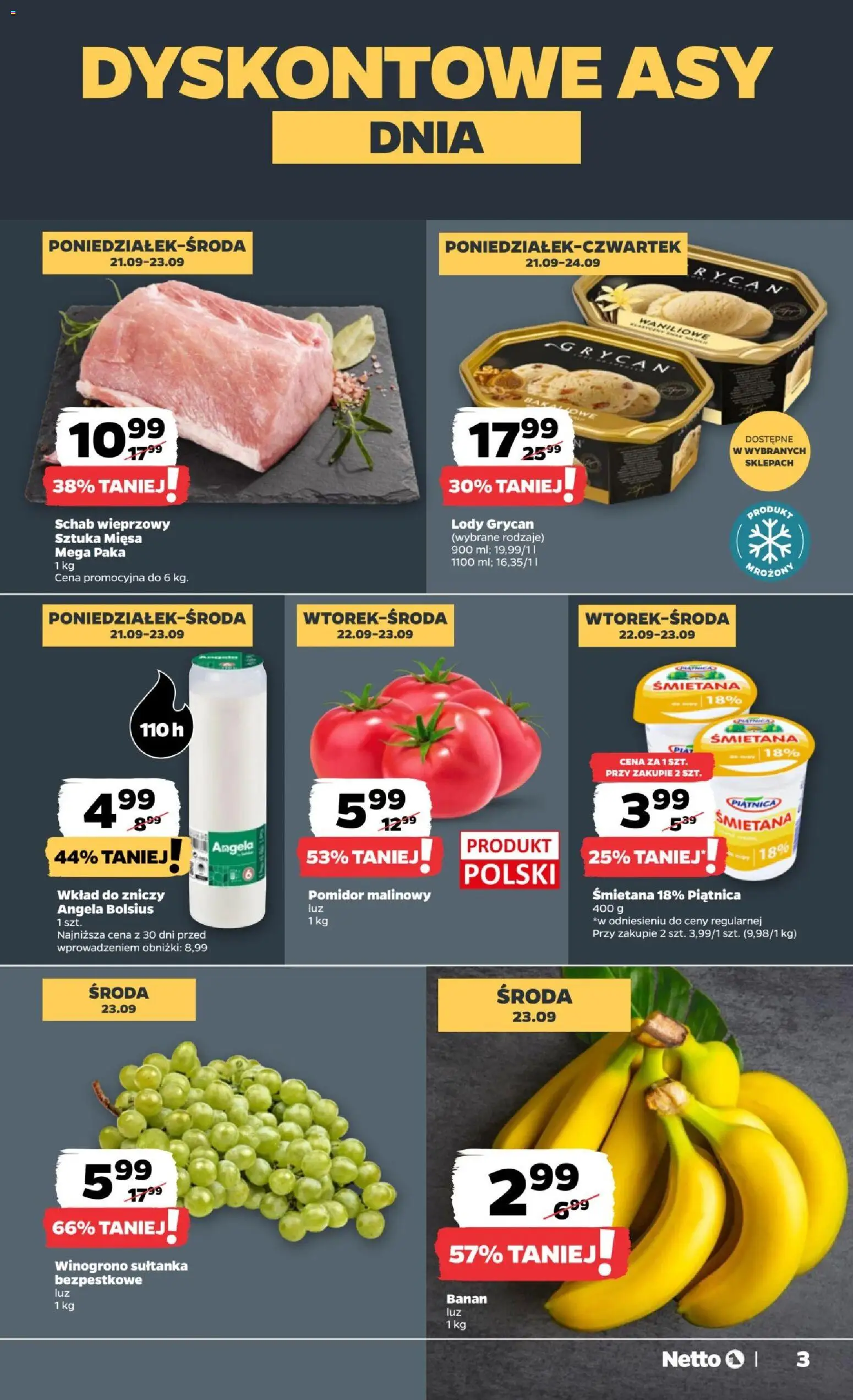 Netto gazetka od poniedziałku od 21.09.2026 | Strona: 3 | Produkty: Winogrono, Schab, Banan, Śmietana