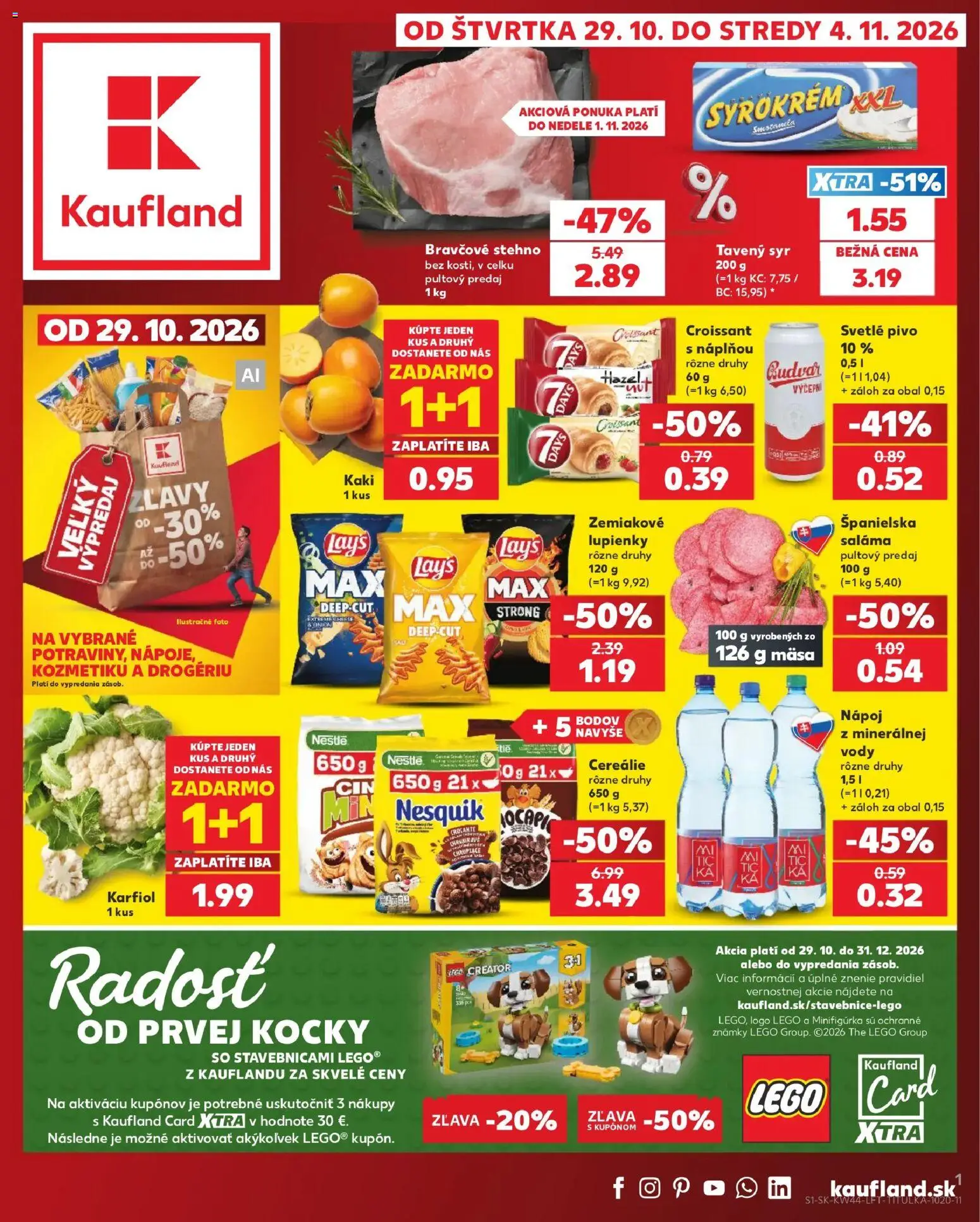 Nové Kaufland akcie – leták je platný od 29.10.2026 | Strana: 1 | Produkty: Karfiol, Bravčové stehno, Cereálie, Nesquik