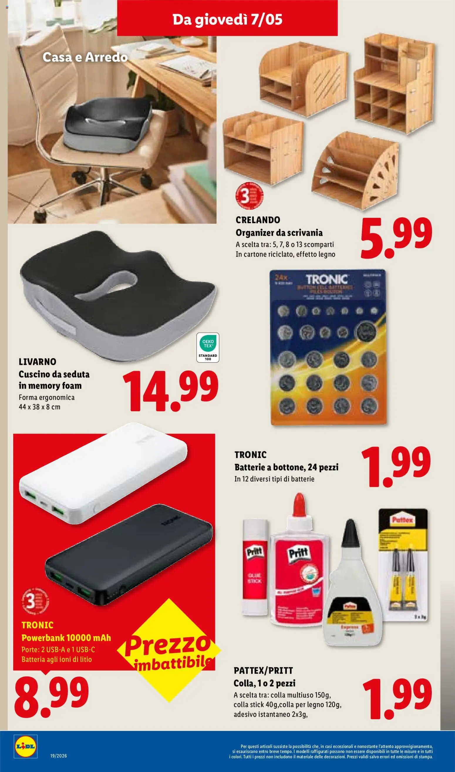 Volantino Lidl del 07.05.2026 | Pagina: 28 | Prodotti: Colla, Cuscino, Scrivania, Batteria