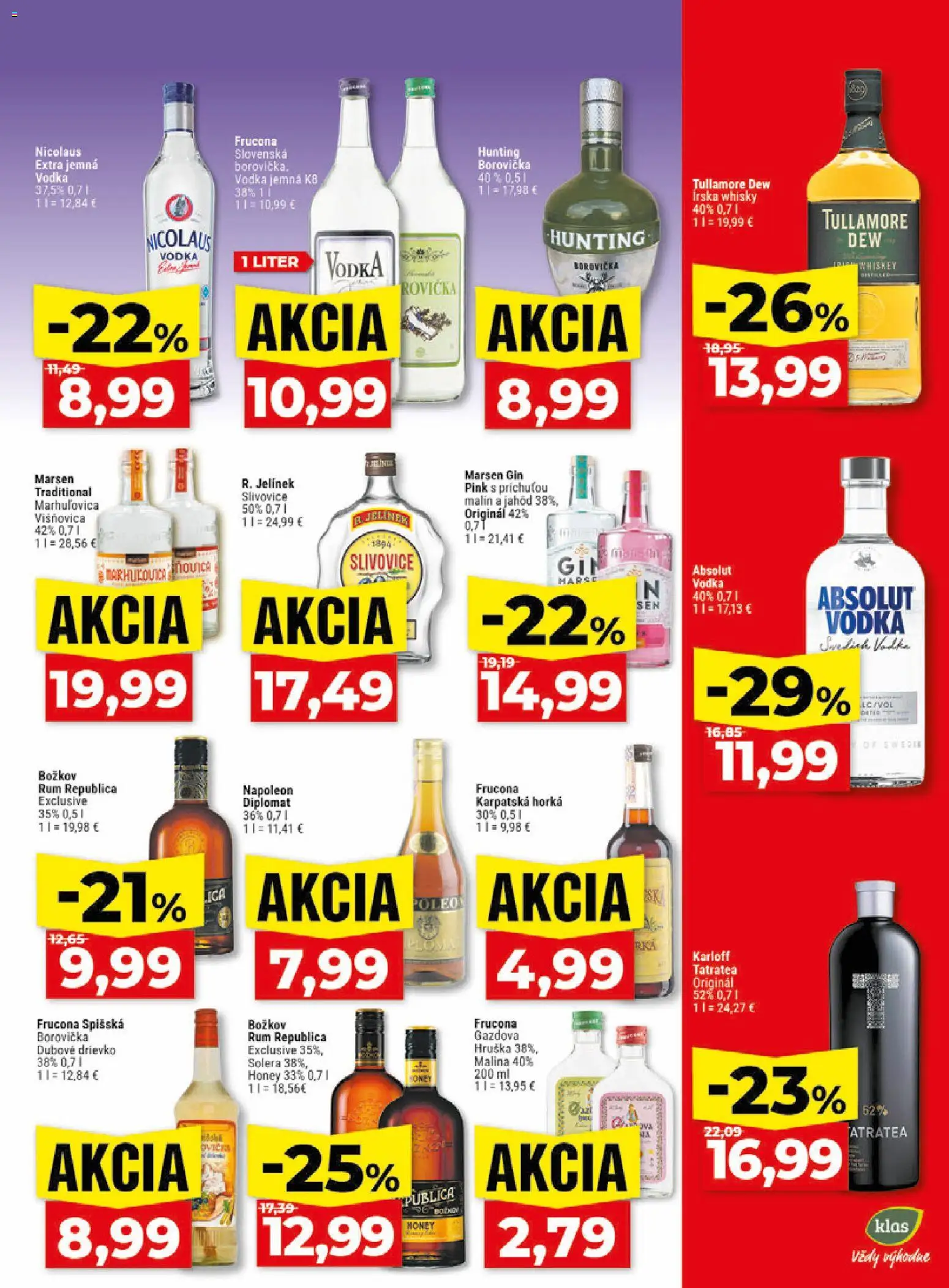 Nové Klas akcie – leták je platný od 17.08.2026 | Strana: 22 | Produkty: Borovička, Polica, Írska whisky, Gin