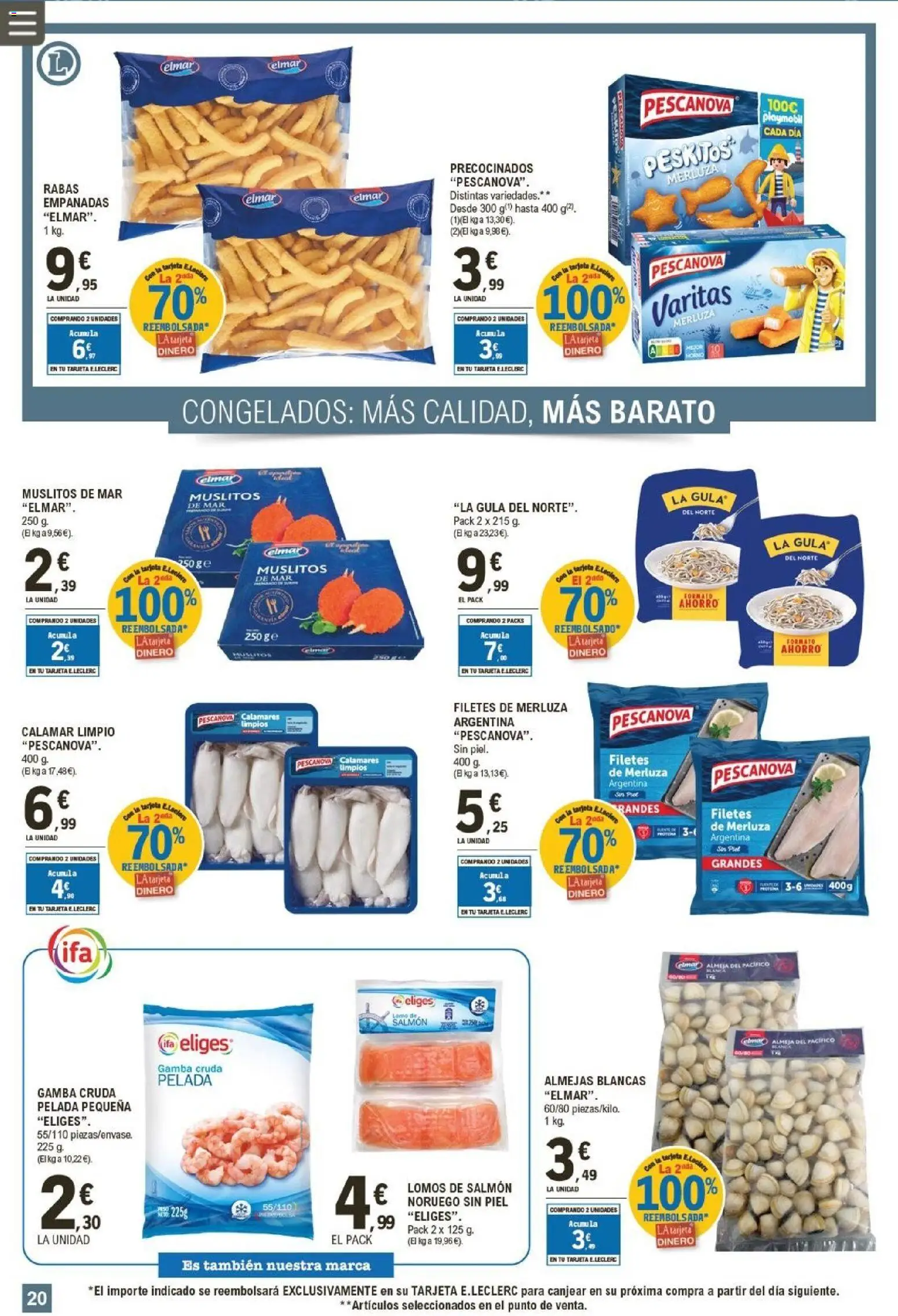 E.Leclerc folleto │ válido desde el 06.05.2026 | Página: 20 | Productos: Calamares, Filetes de merluza, Gamba