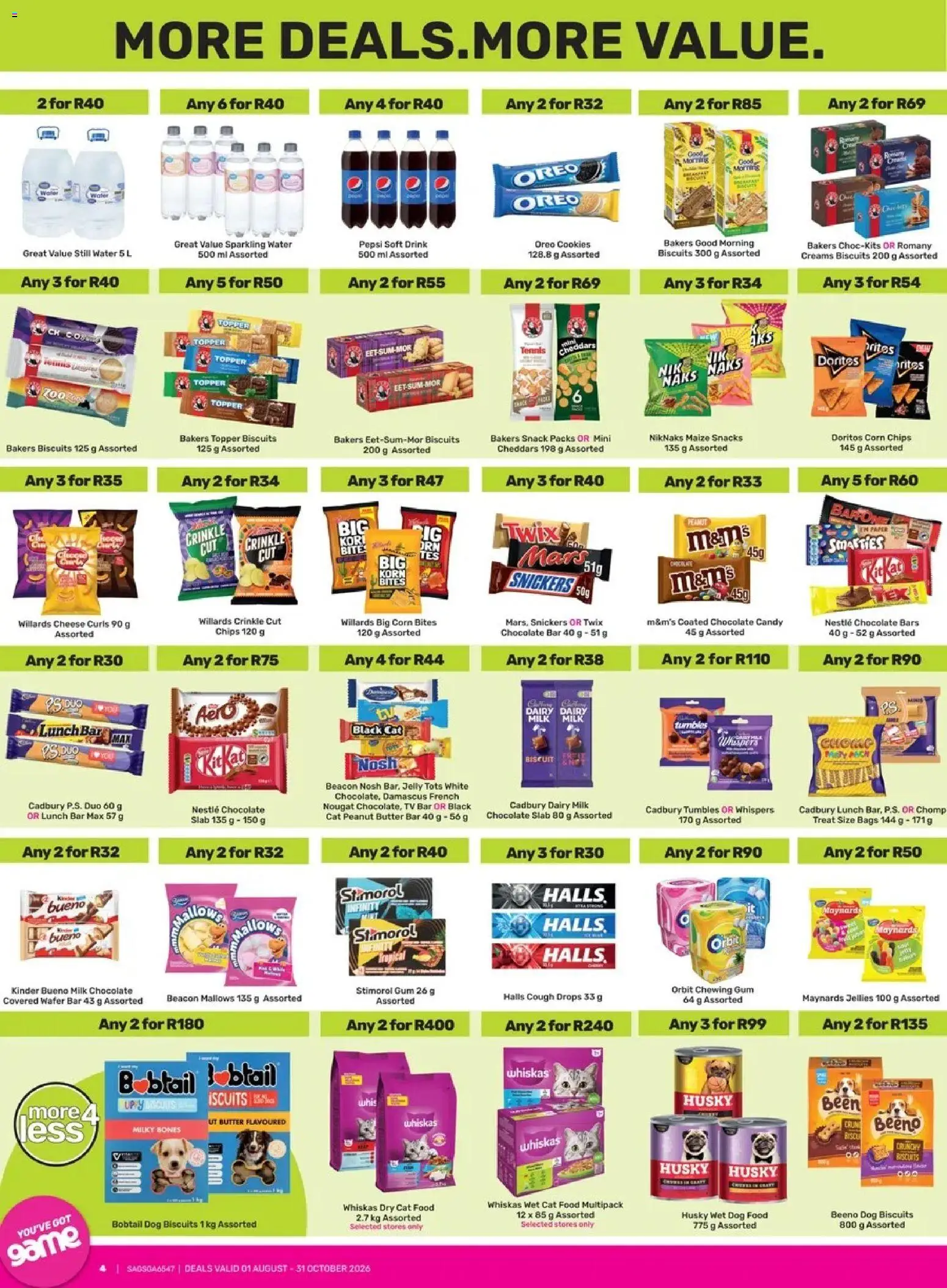 Game Catalogue more 4 less valid from 01/08/2026 | Page: 4 | Products: Chocolate, Hubič hmyzu, Water, Game