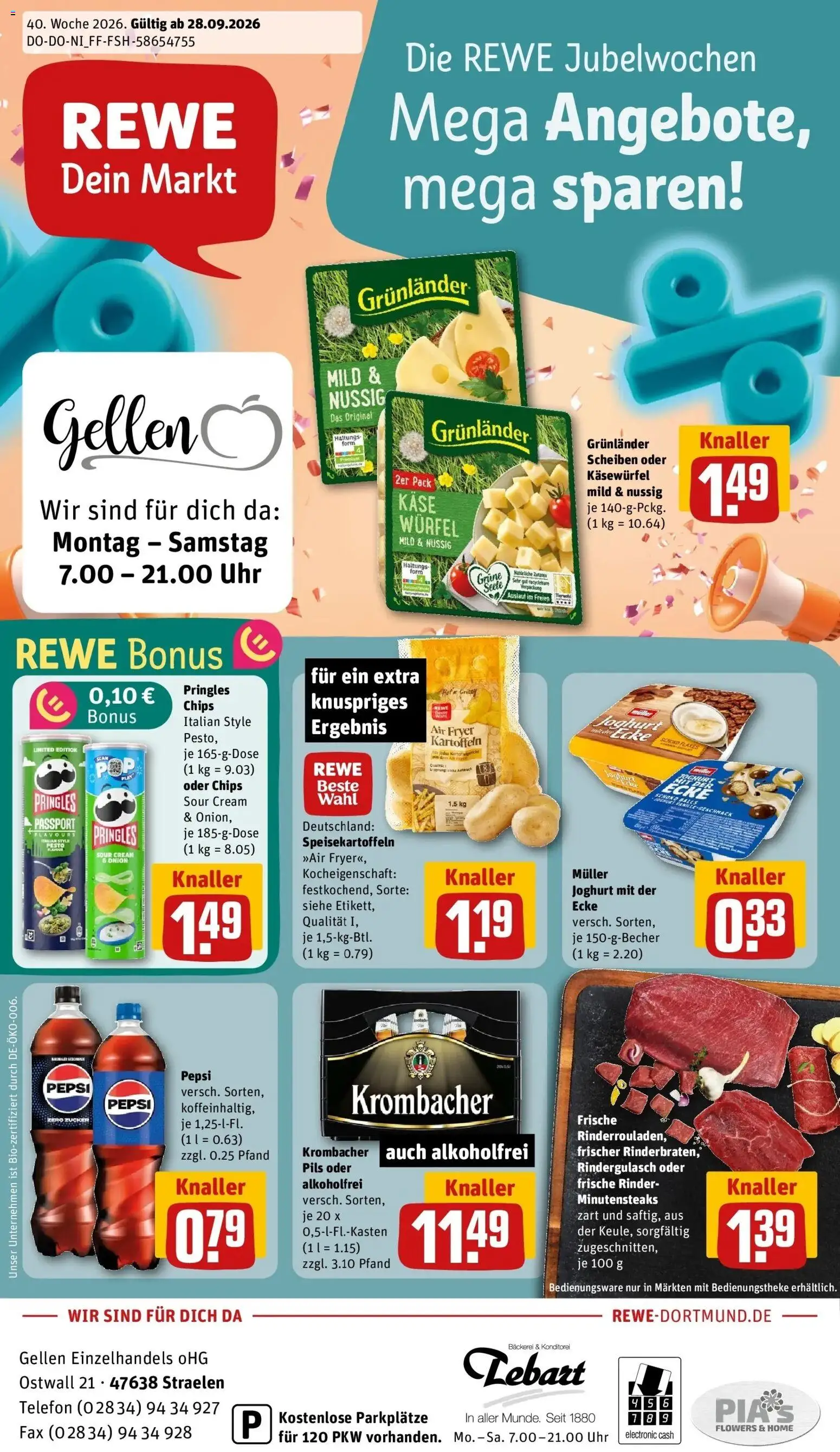 REWE Prospekt ab 28.09.2026 zum Blättern » Angebote | Seite: 1 | Produkte: Joghurt, Krombacher, Pepsi, Uhr