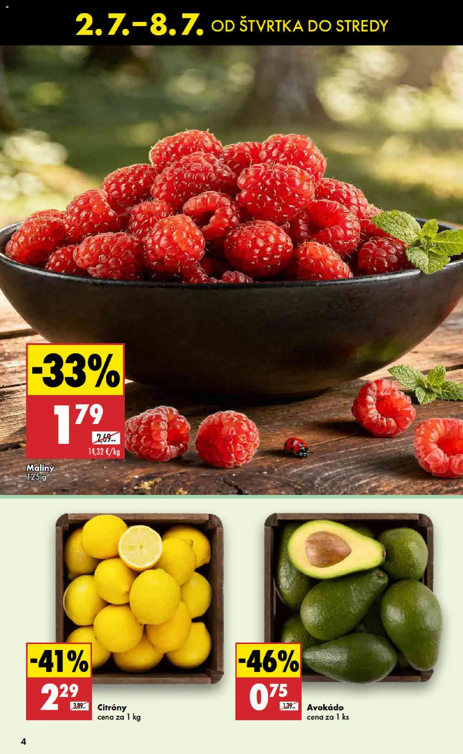 Nové Biedronka akcie – leták je platný od 02.07.2026 | Strana: 4 | Produkty: Citróny, Avokádo, Maliny