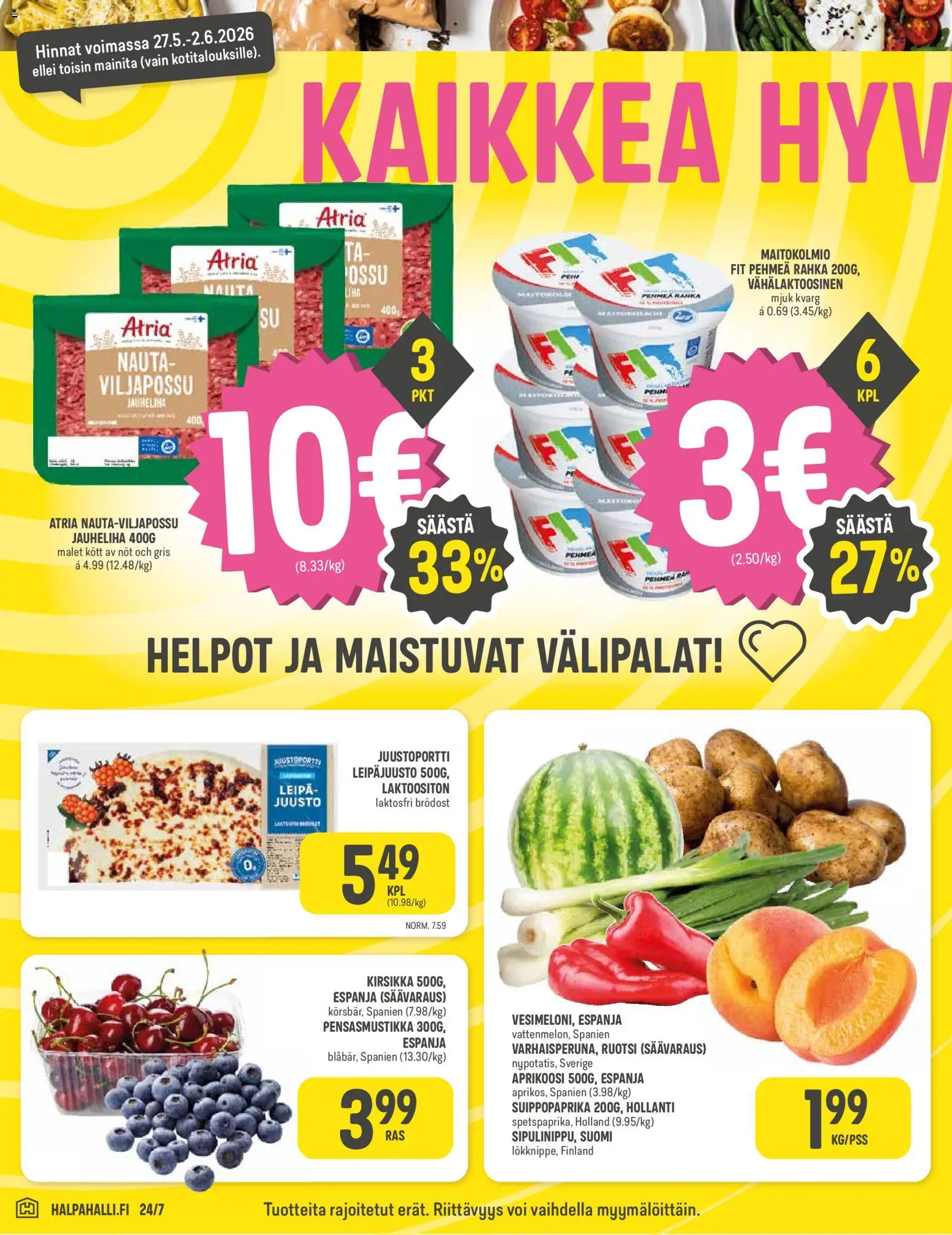 Halpa Halli tarjoukset – voimassa 27.05.2026 alkaen | Sivu: 2 | Tuotteet: Jauheliha, Voi, Juusto, Leipä