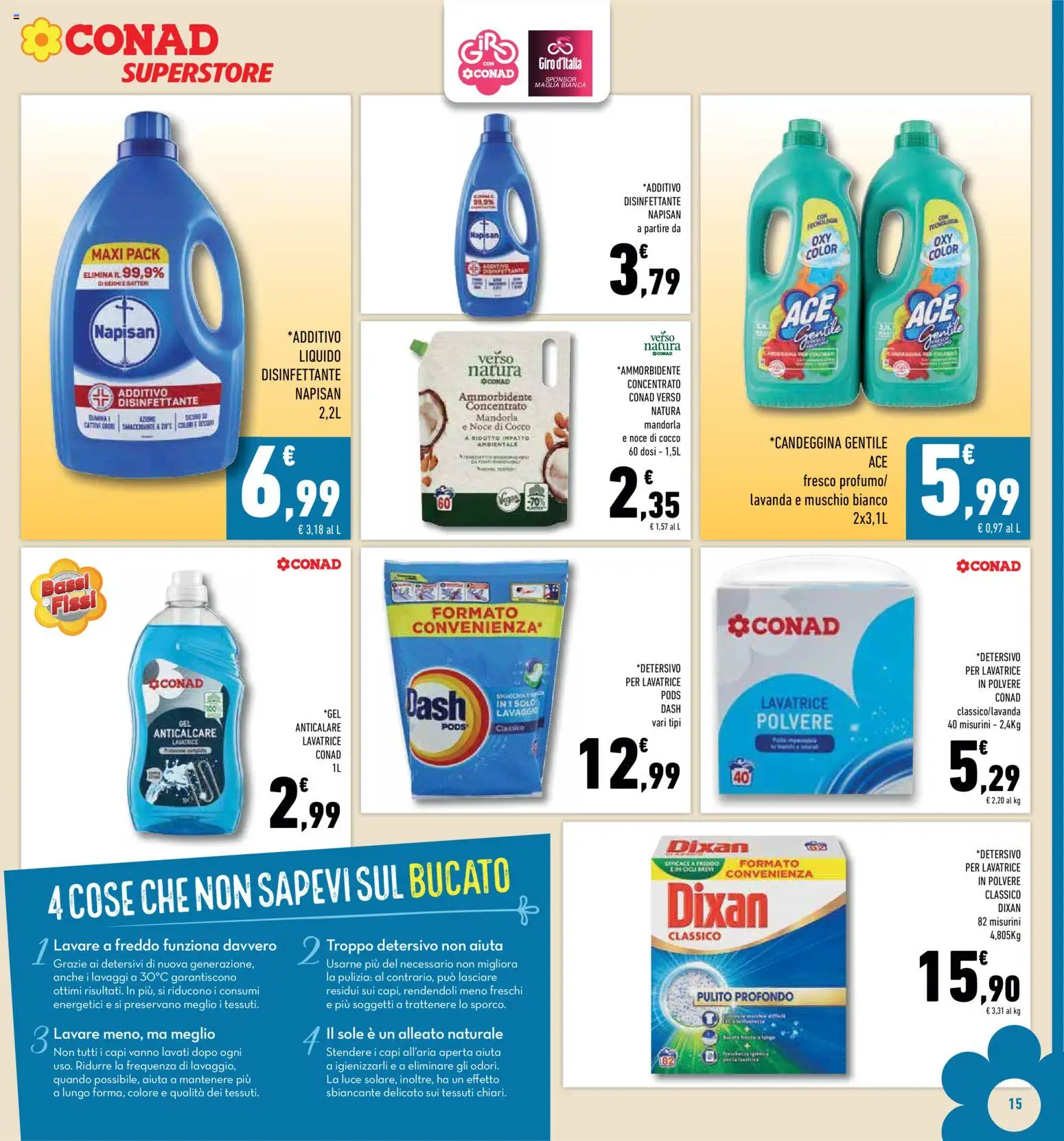 Volantino Conad del 06.05.2026 | Pagina: 15 | Prodotti: Ammorbidente, Candeggina, Anticalcare, Lavatrice