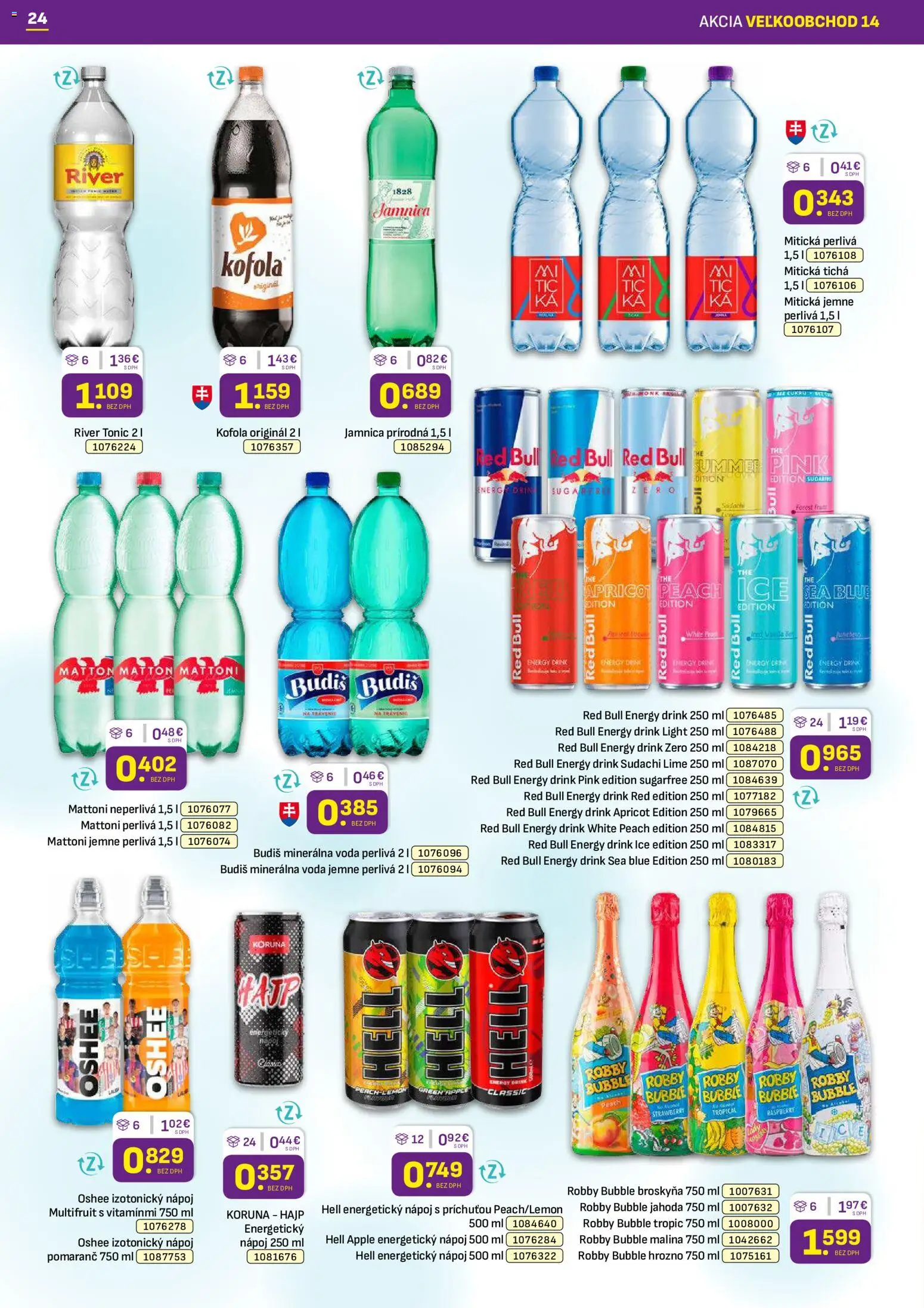 Nové Libex akcie – leták je platný od 13.07.2026 | Strana: 24 | Produkty: Red Bull, Kofola, Minerálna voda, Energetický nápoj