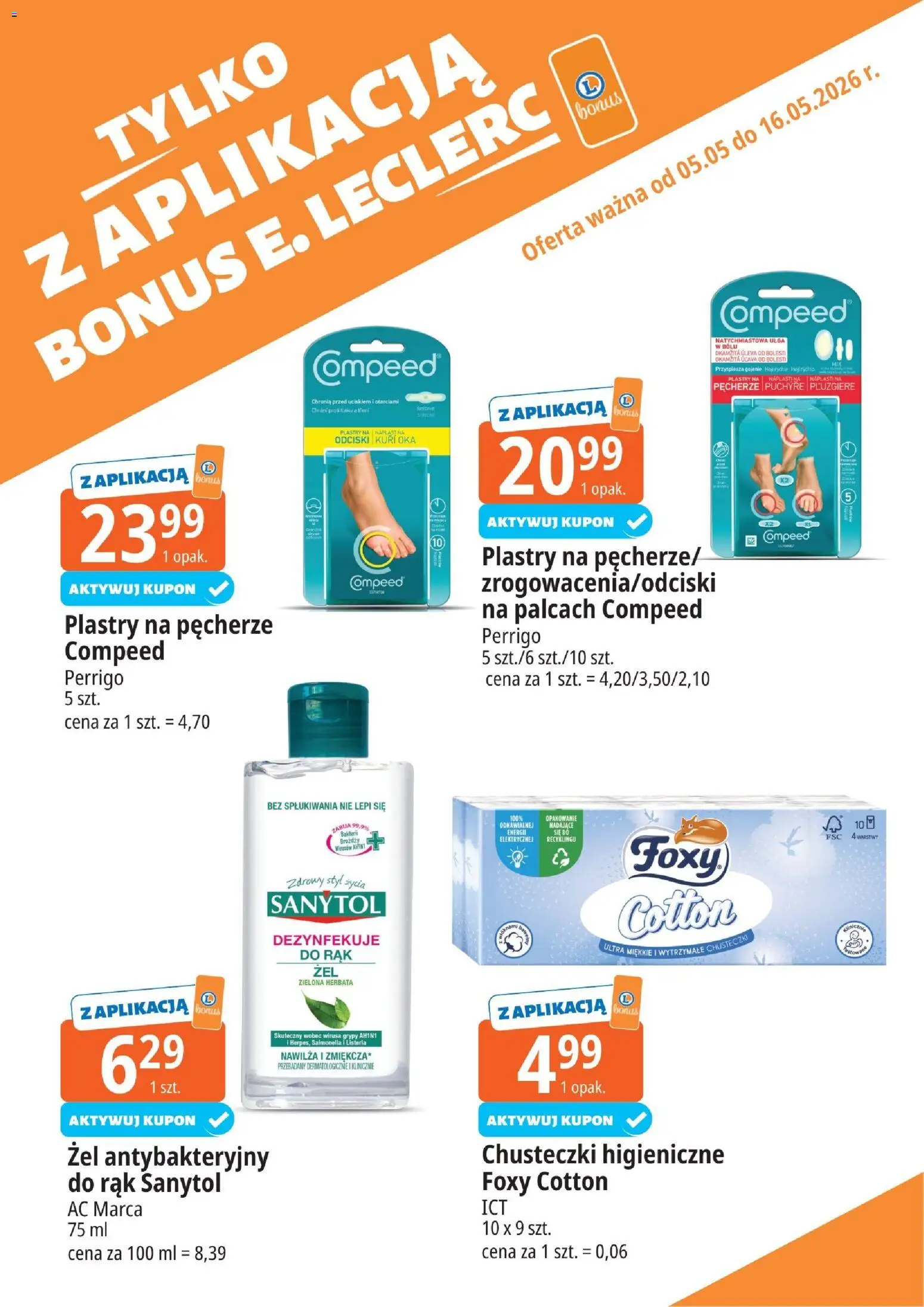 E.Leclerc gazetka - Zielona Góra kupony dodatkowe od 05.05.2026 | Strona: 7 | Produkty: Chusteczki higieniczne, Żel antybakteryjny, Herbata