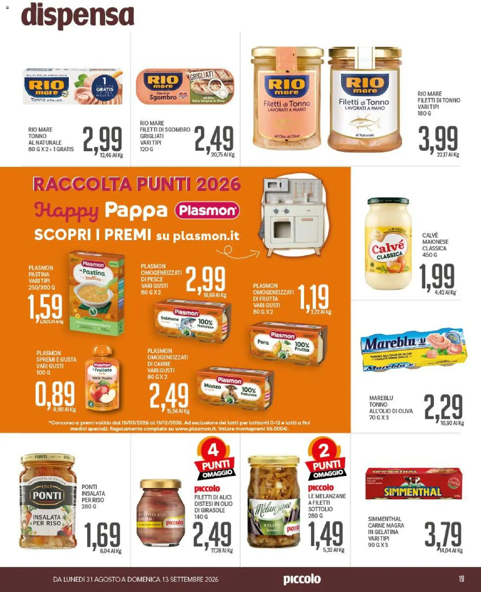 Volantino Piccolo del 31/08/2026 | Pagina: 19 | Prodotti: Salmone, Pera, Tonno, Carne