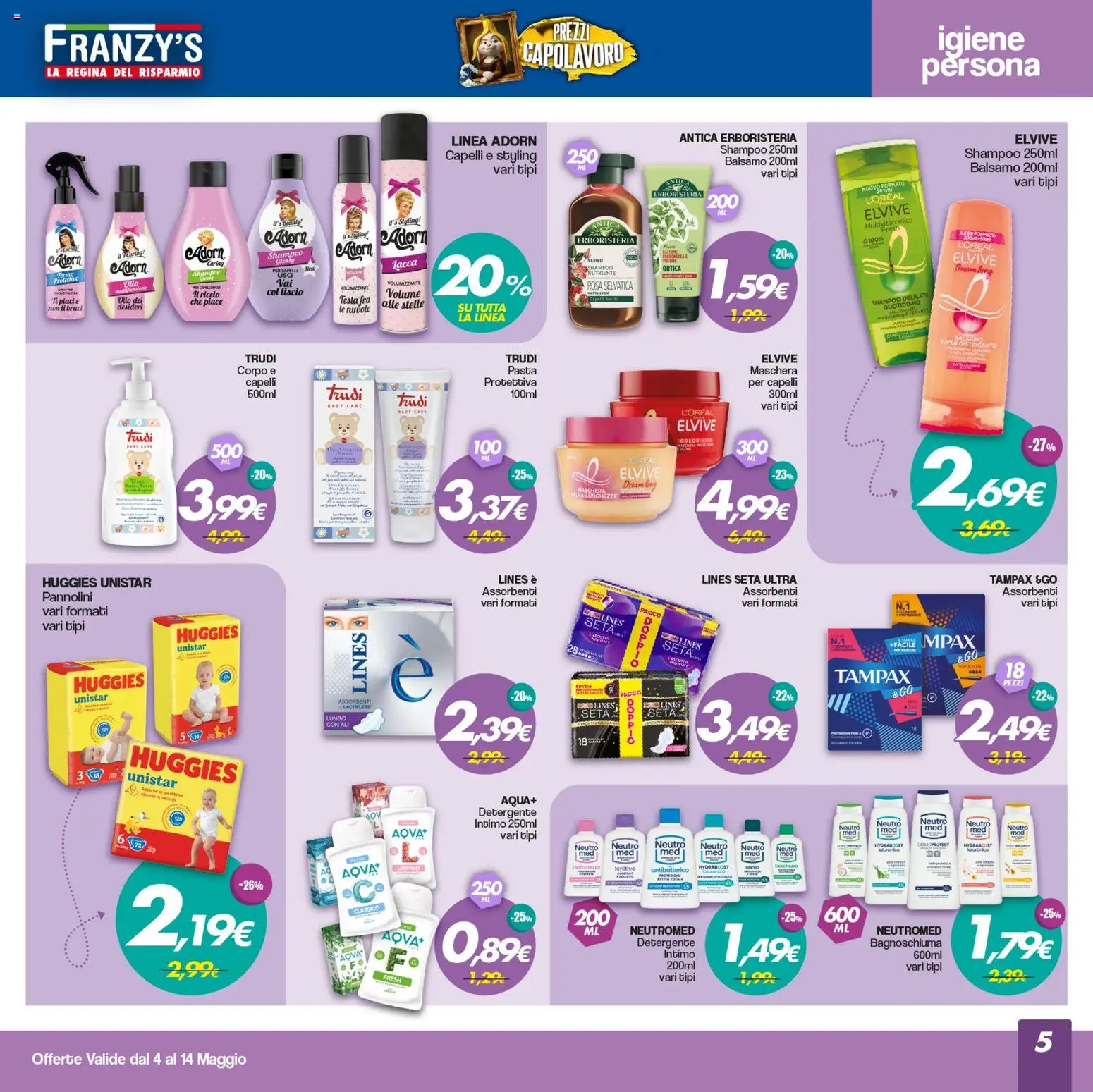 Volantino Franzy's del 04.05.2026 | Pagina: 5 | Prodotti: Balsamo, Maschera, Pannolini, Bagnoschiuma