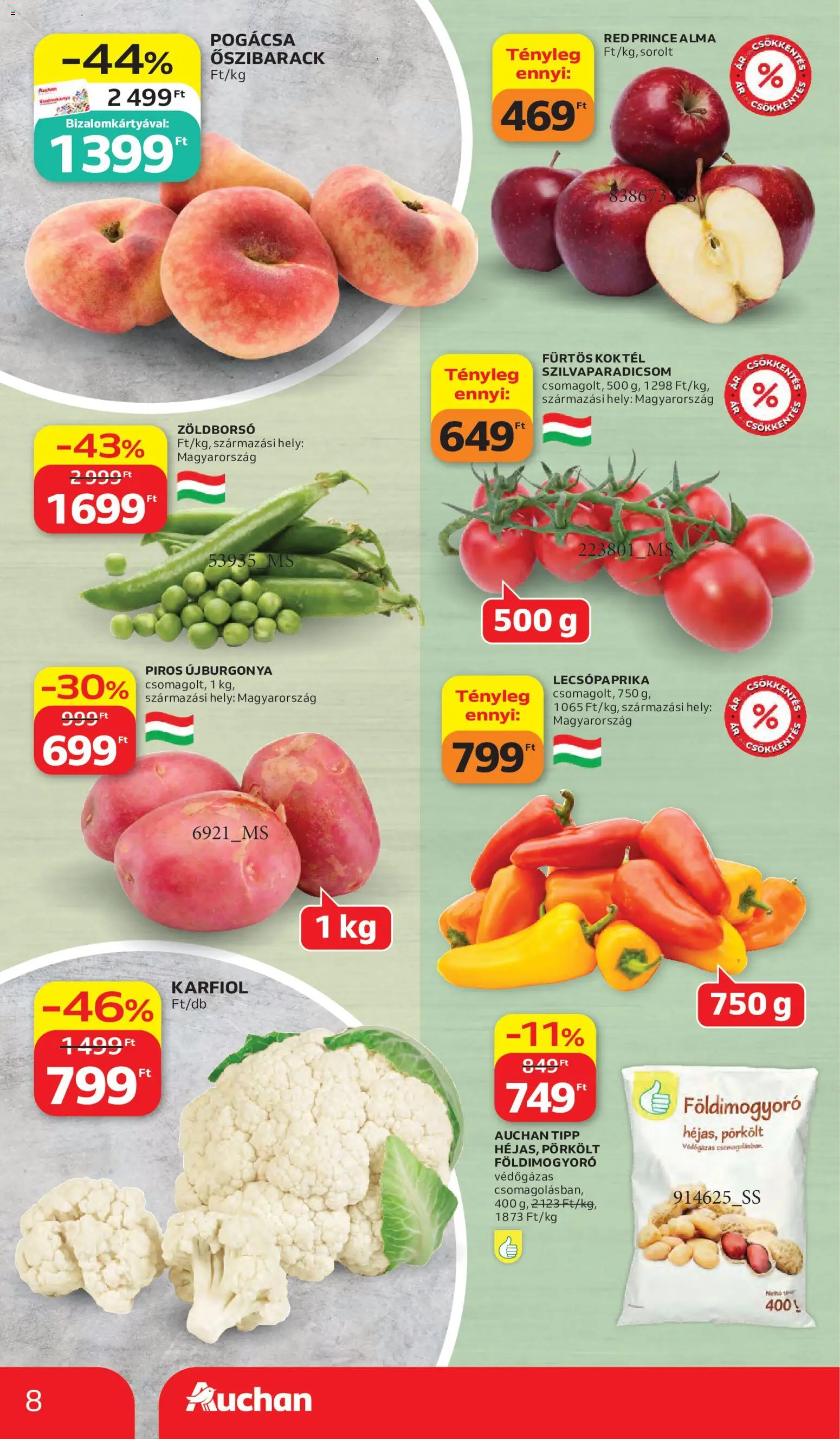 Auchan akciós ujság - amely érvényes a következő dátumtól: 28.05.2026 | Oldal: 8 | Termékek: Zöldborsó, Lecsópaprika, Földimogyoró, Pogácsa