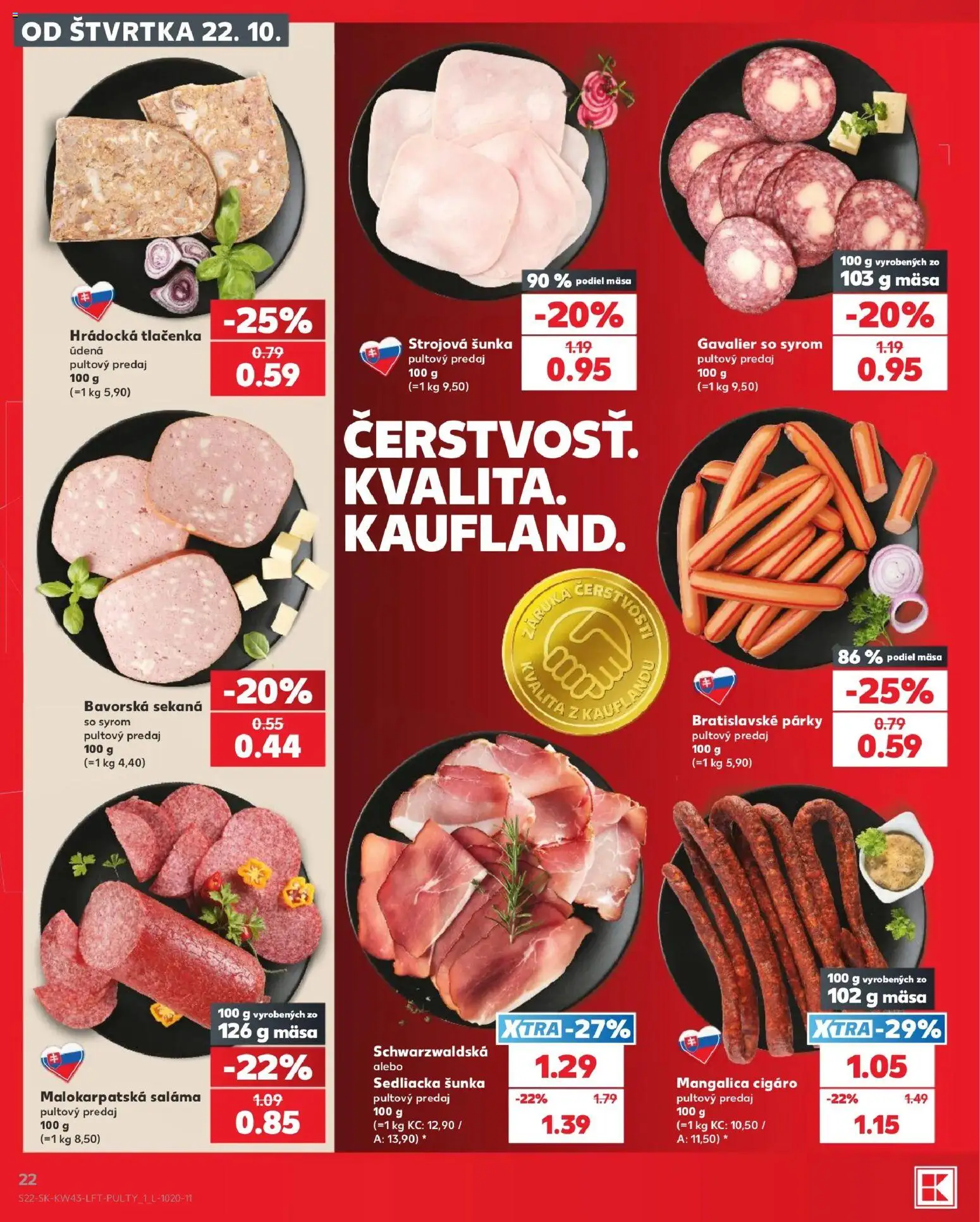 Nové Kaufland akcie – leták je platný od 22.10.2026 | Strana: 22 | Produkty: Saláma, Šunka, Tlačenka, Párky