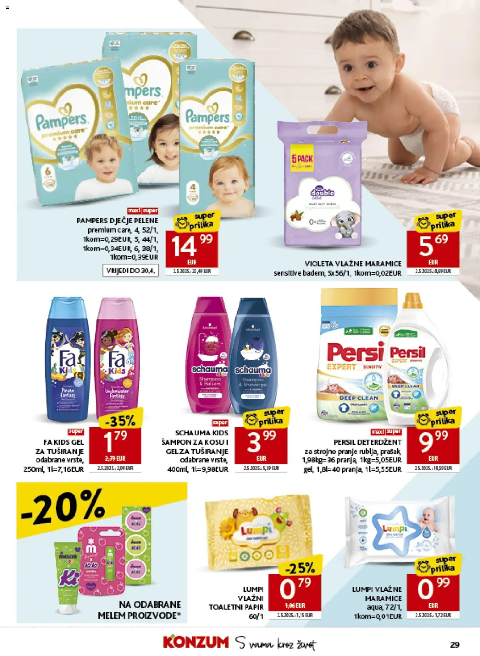 Konzum katalog | vrijedi od 08.04.2026 | Stranica: 29 | Proizvodi: Šampon, Deterdžent, Toaletni papir, Pampers