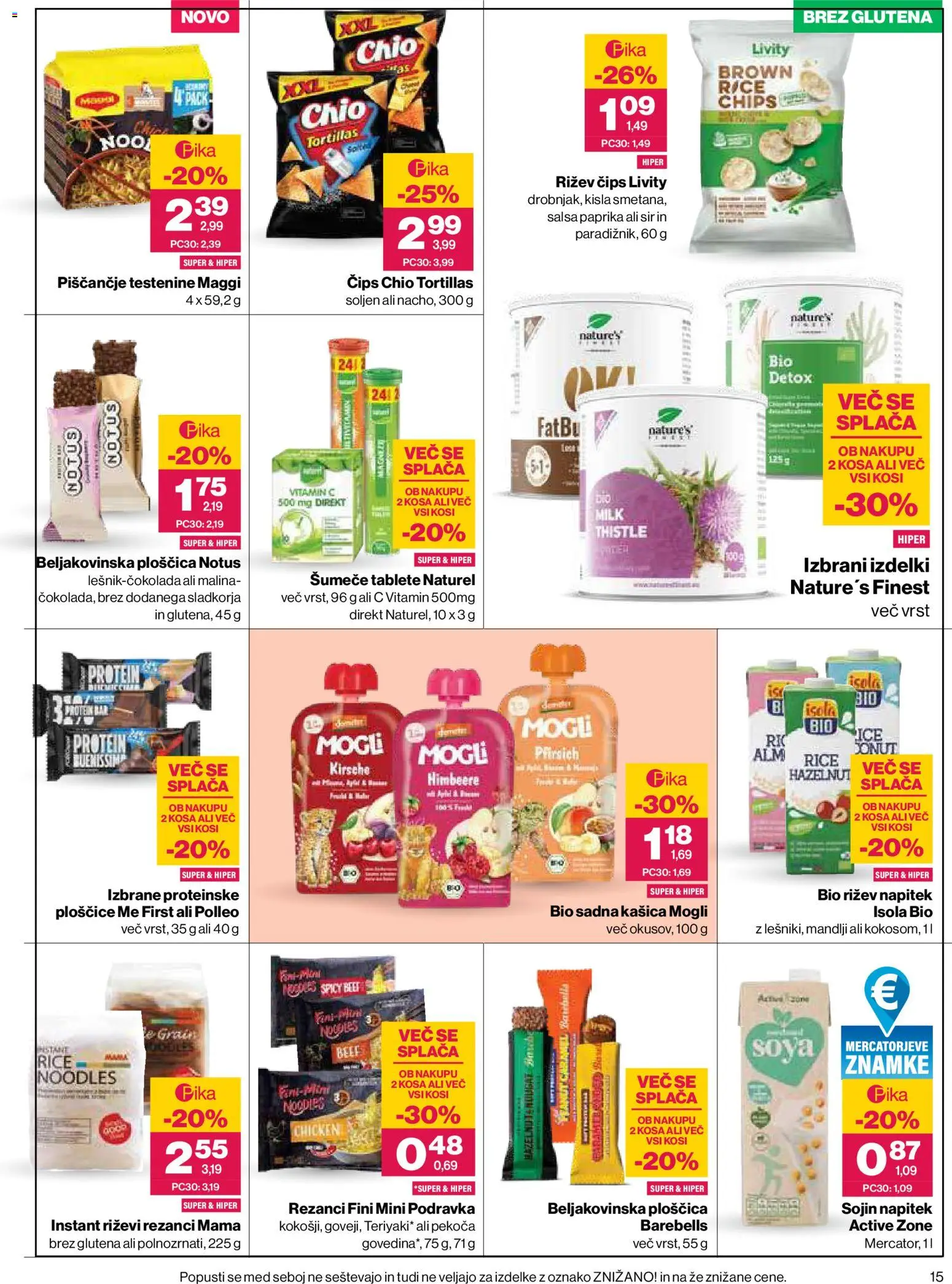 Novi Mercator katalog ponudbe – veljaven od 08.10.2026 | Stran: 15 | Izdelki: Mandlji, Beljakovinska ploščica, Sir, Testenine