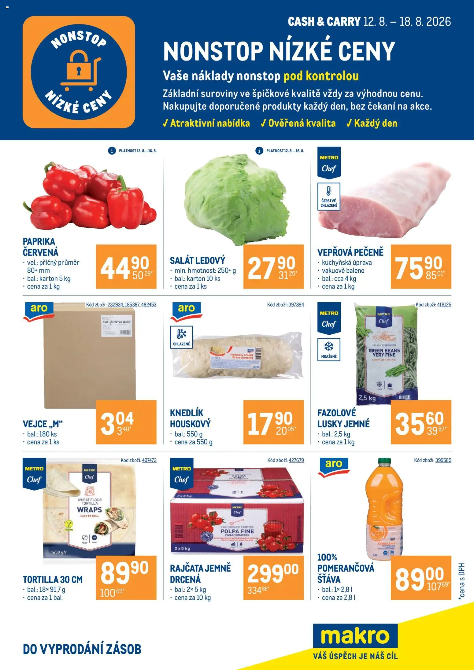 Makro leták - Nonstop nízké ceny od 12.08.2026 | Strana: 1 | Produkty: Knedlík, Salát, Paprika, Šťáva