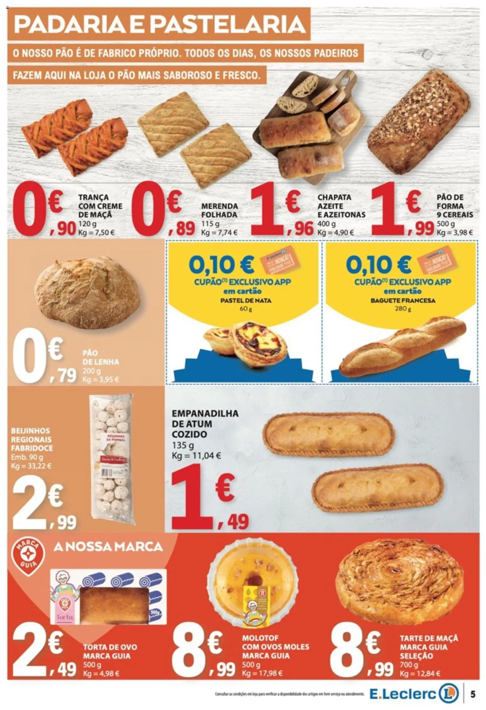 E.Leclerc folheto │ válido de 01/10/2026 | Página: 5 | Produtos: Baguete francesa, Atum, Azeitonas, Tarte