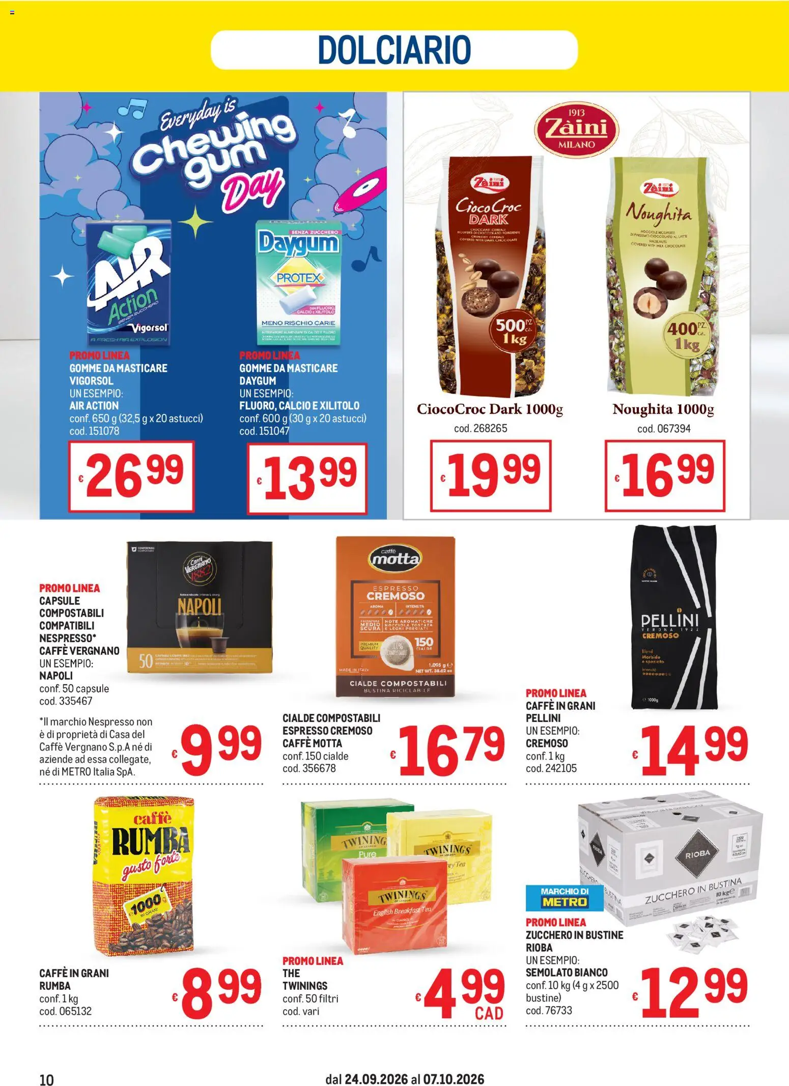 Volantino Metro del 24/09/2026 | Pagina: 10 | Prodotti: Caffè, Zucchero, Gomme da masticare, Pellini