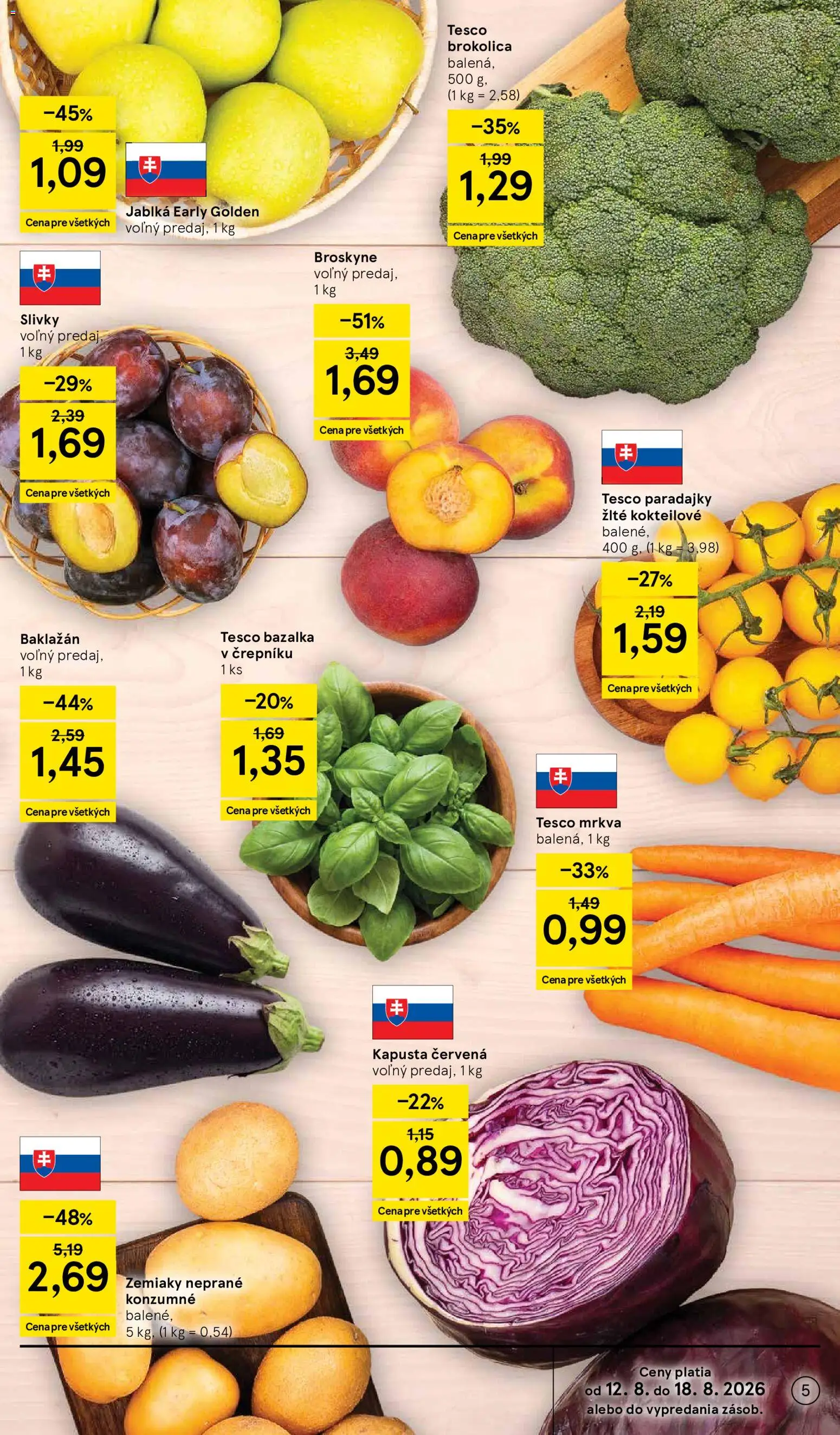 Nové Tesco akcie – leták je platný od 12.08.2026 | Strana: 5 | Produkty: Kapusta, Jablká, Slivky, Baklažán