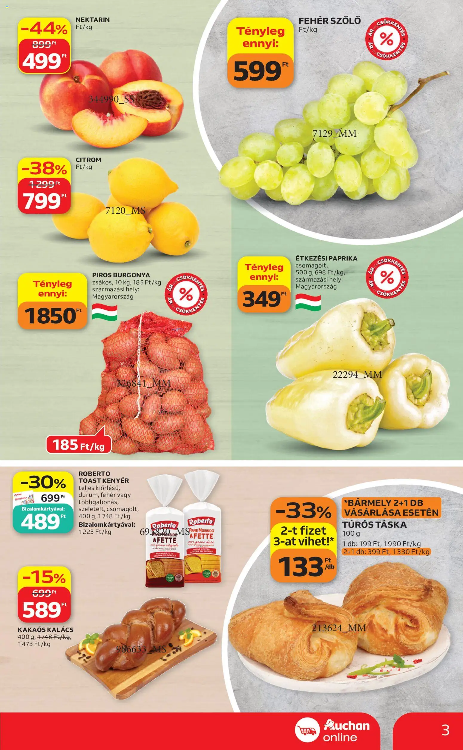 Auchan akciós ujság - amely érvényes a következő dátumtól: 2026.09.03. | Oldal: 3 | Termékek: Nektarin, Burgonya, Túrós táska, Kalács
