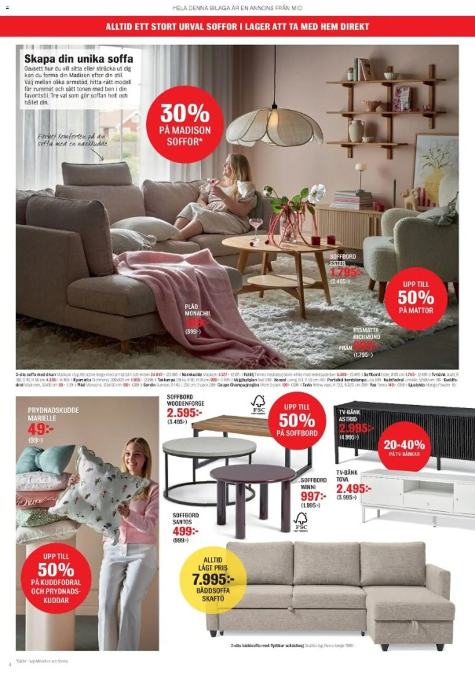 Mio reklamblad aktuell från 23/06/2026 | Sida: 4 | Produkter: Prydnadskudde, Pläd, Soffa, Soffbord