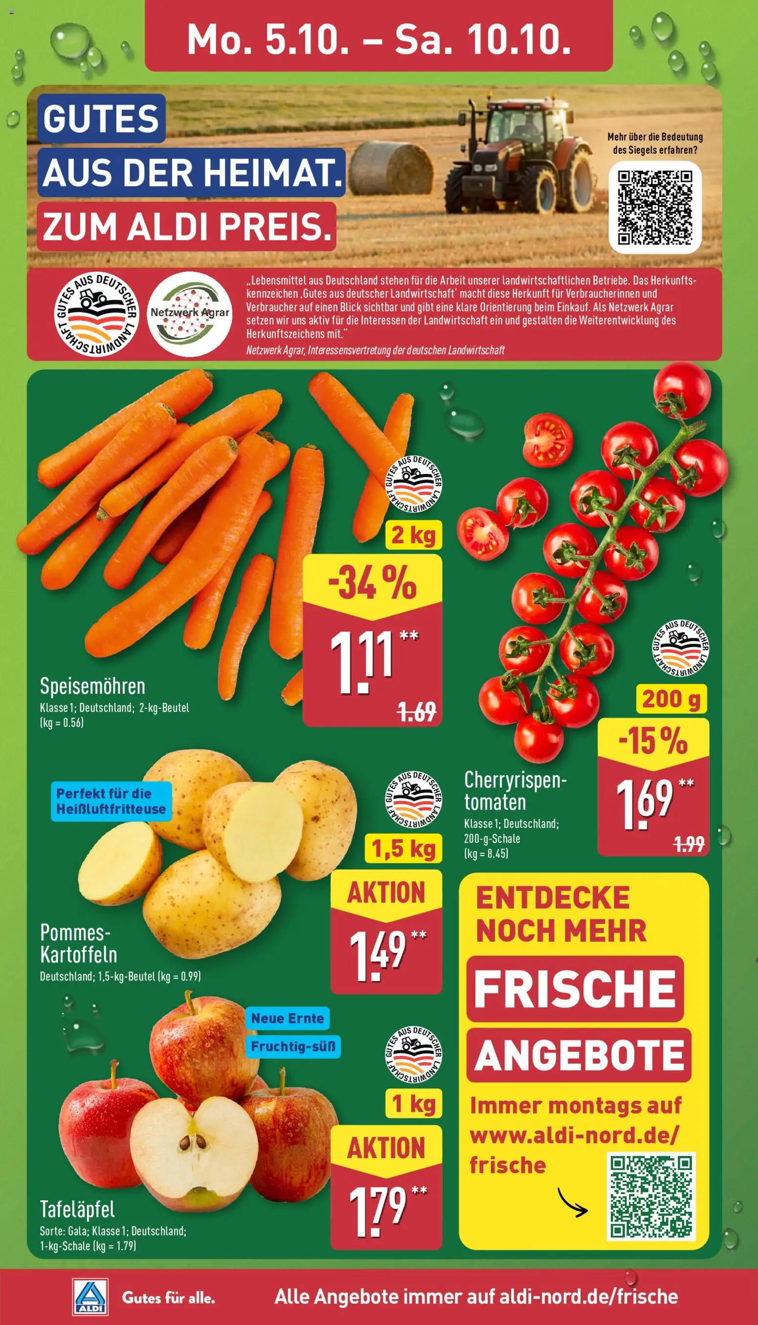 Aldi Prospekt – gültig ab 05.10.2026 | Seite: 2 | Produkte: Pommes, Tomaten, Kartoffeln, Heißluftfritteuse