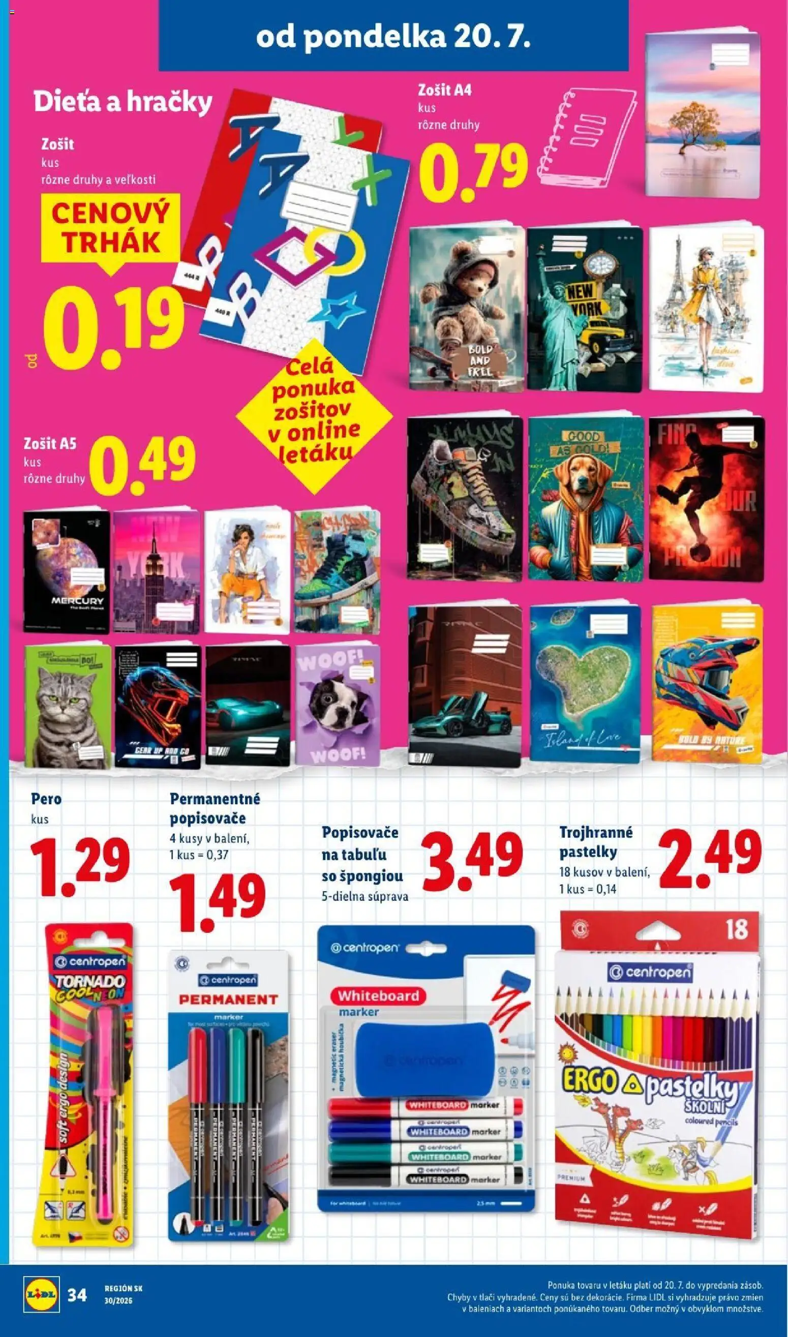 Nové Lidl akcie – leták je platný od 20.07.2026 | Strana: 58 | Produkty: Zošit, Pero, Pastelky, Hračky