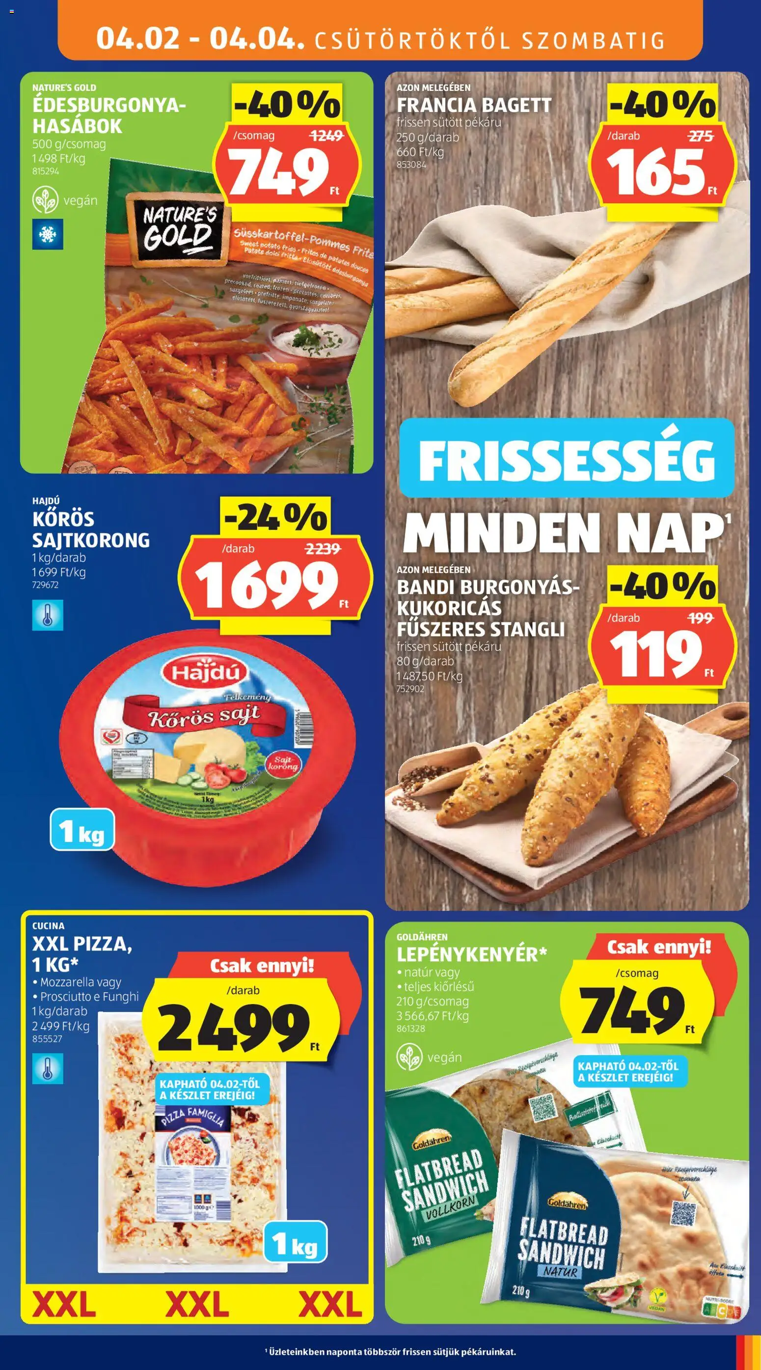 Aldi akciós ujság - amely érvényes a következő dátumtól: 2026.04.02. | Oldal: 11 | Termékek: Stangli, Édesburgonya, Sajt, Pizza