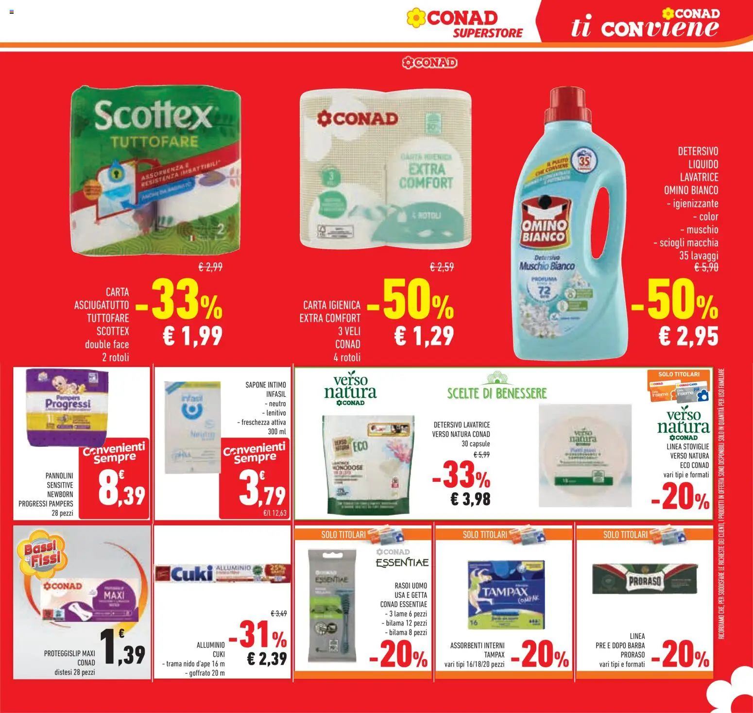 Volantino Conad del 12/08/2026 | Pagina: 33 | Prodotti: Pannolini, Carta igienica, Detergente, Lavatrice
