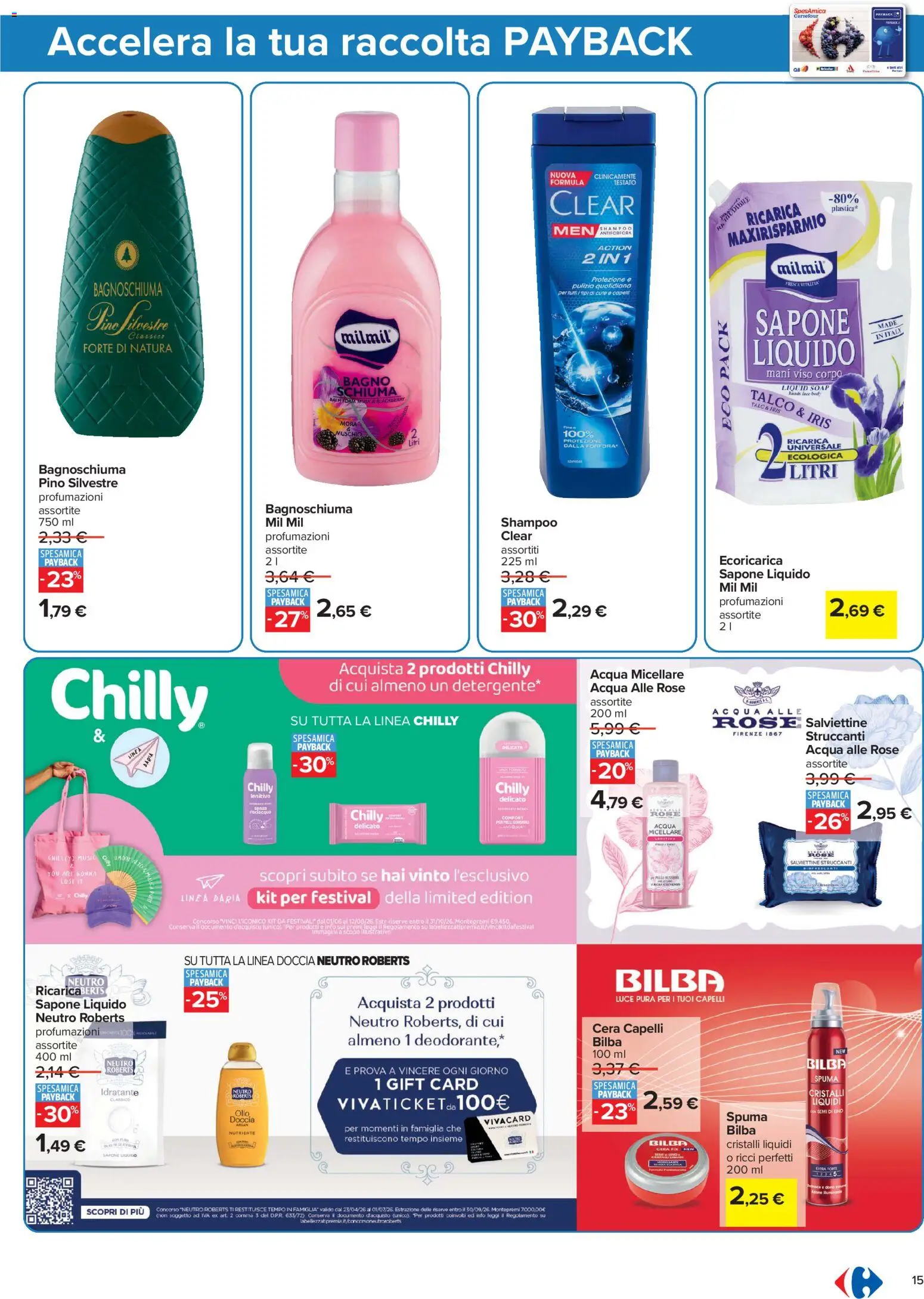 Volantino Carrefour del 16.06.2026 | Pagina: 15 | Prodotti: Bagnoschiuma, Talco, Olio, Bagno