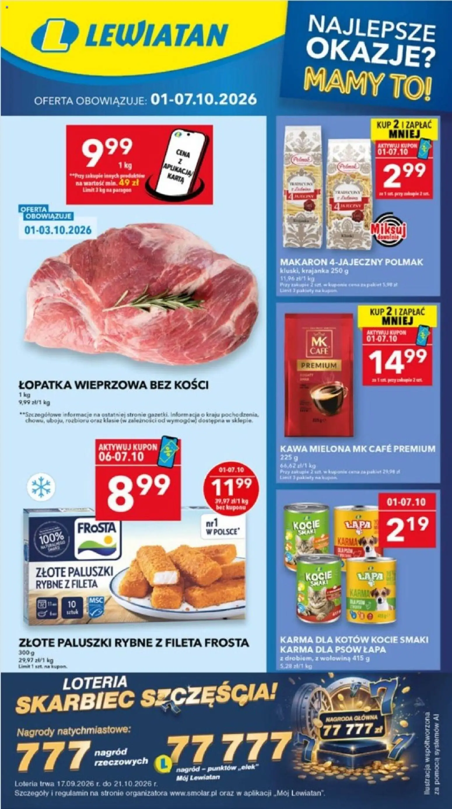 Lewiatan gazetka - Lublin od 01.10.2026 | Strona: 1 | Produkty: Łopatka wieprzowa bez kości, Paluszki rybne, Karma dla kotów, Kawa mielona