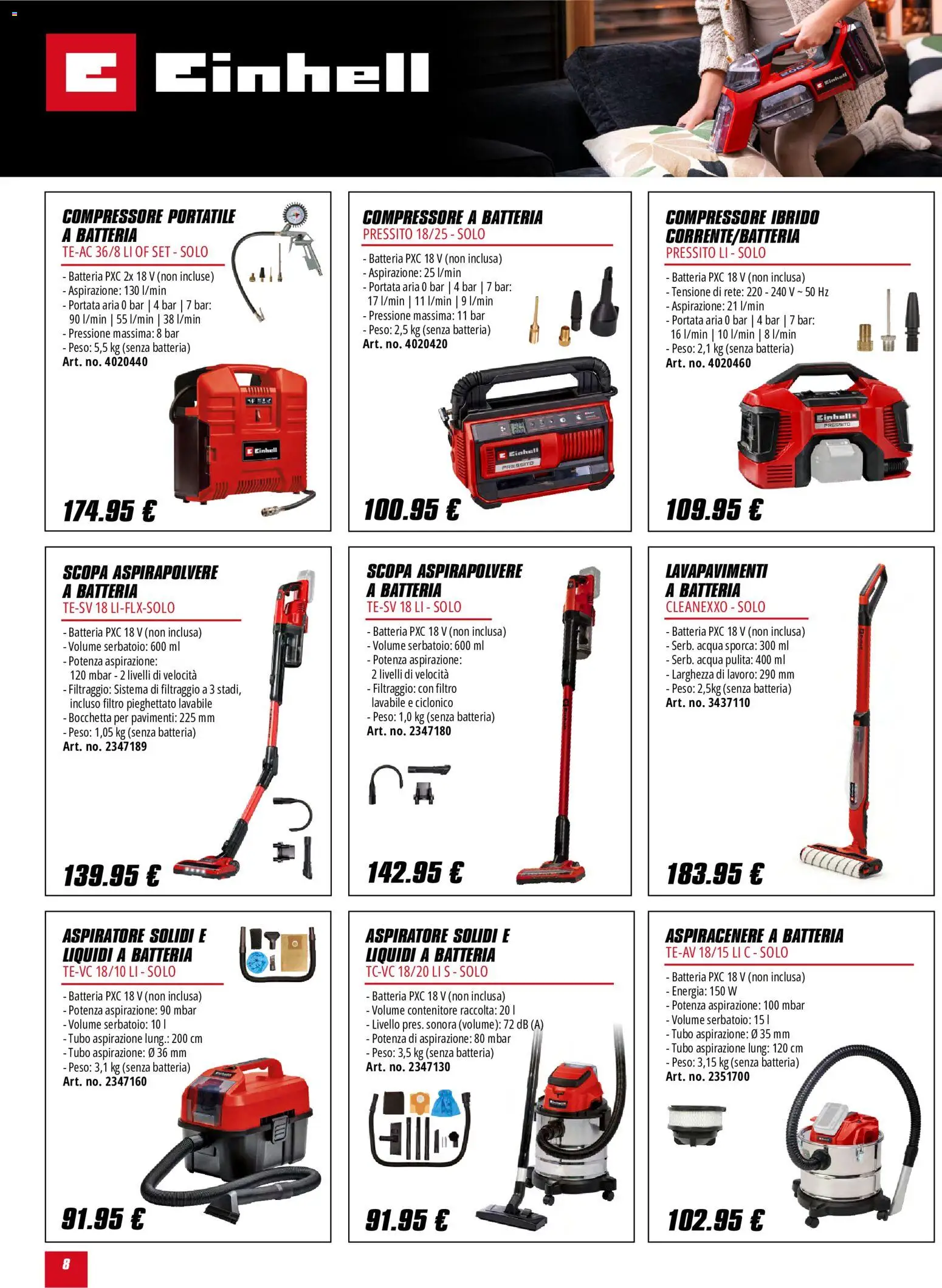 Volantino Einhell del 01/10/2026 | Pagina: 8 | Prodotti: Compressore, Acqua, Tubo, Aspiracenere