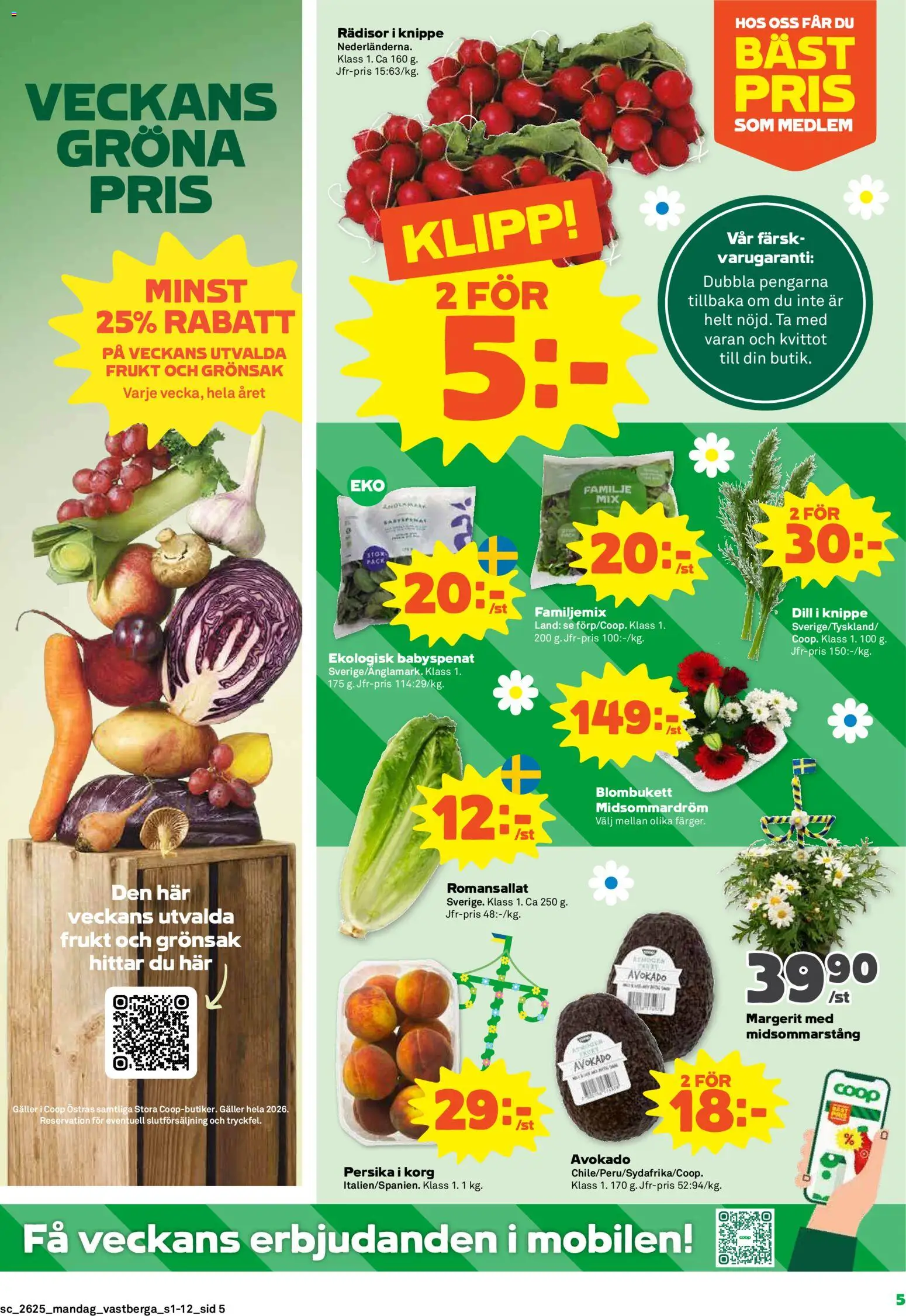 Coop Forum reklamblad aktuell från 15.06.2026 | Sida: 5 | Produkter: Babyspenat, Galler, Korg, Persika