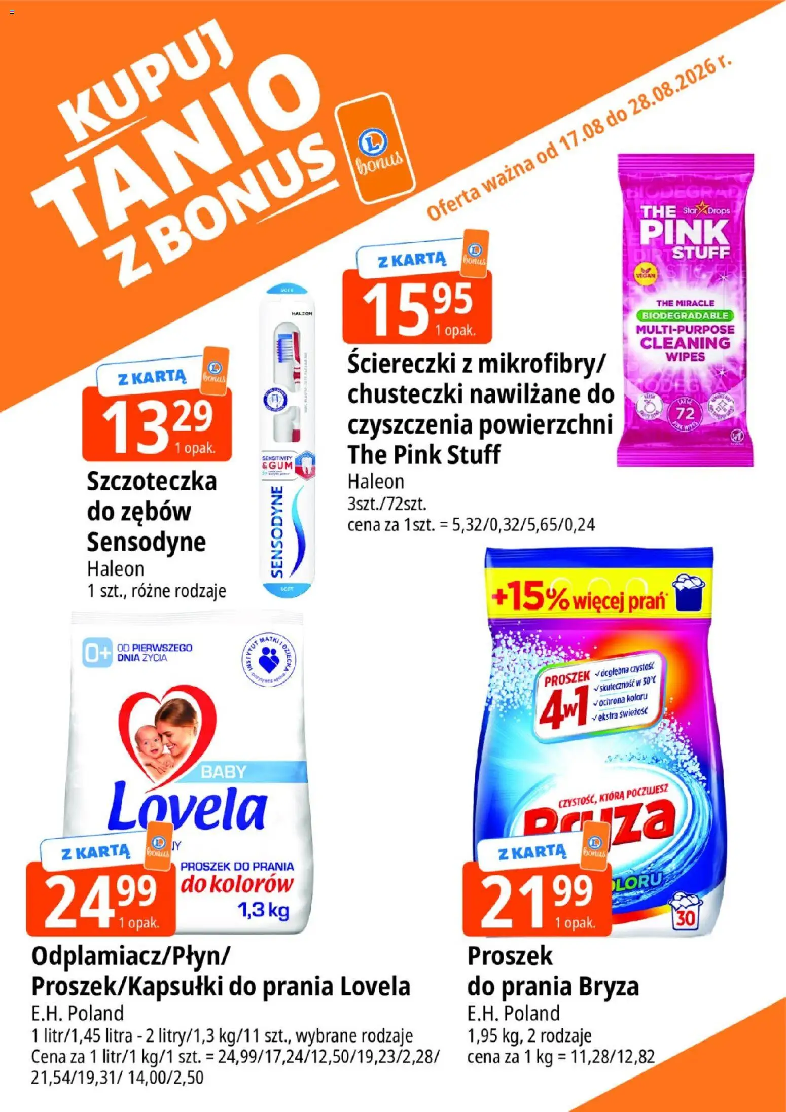E.Leclerc gazetka - Kupuj Tanio Z Bonus od 17.08.2026 | Strona: 3 | Produkty: Karta, Chusteczki nawilżane, Proszek do prania, Lovela