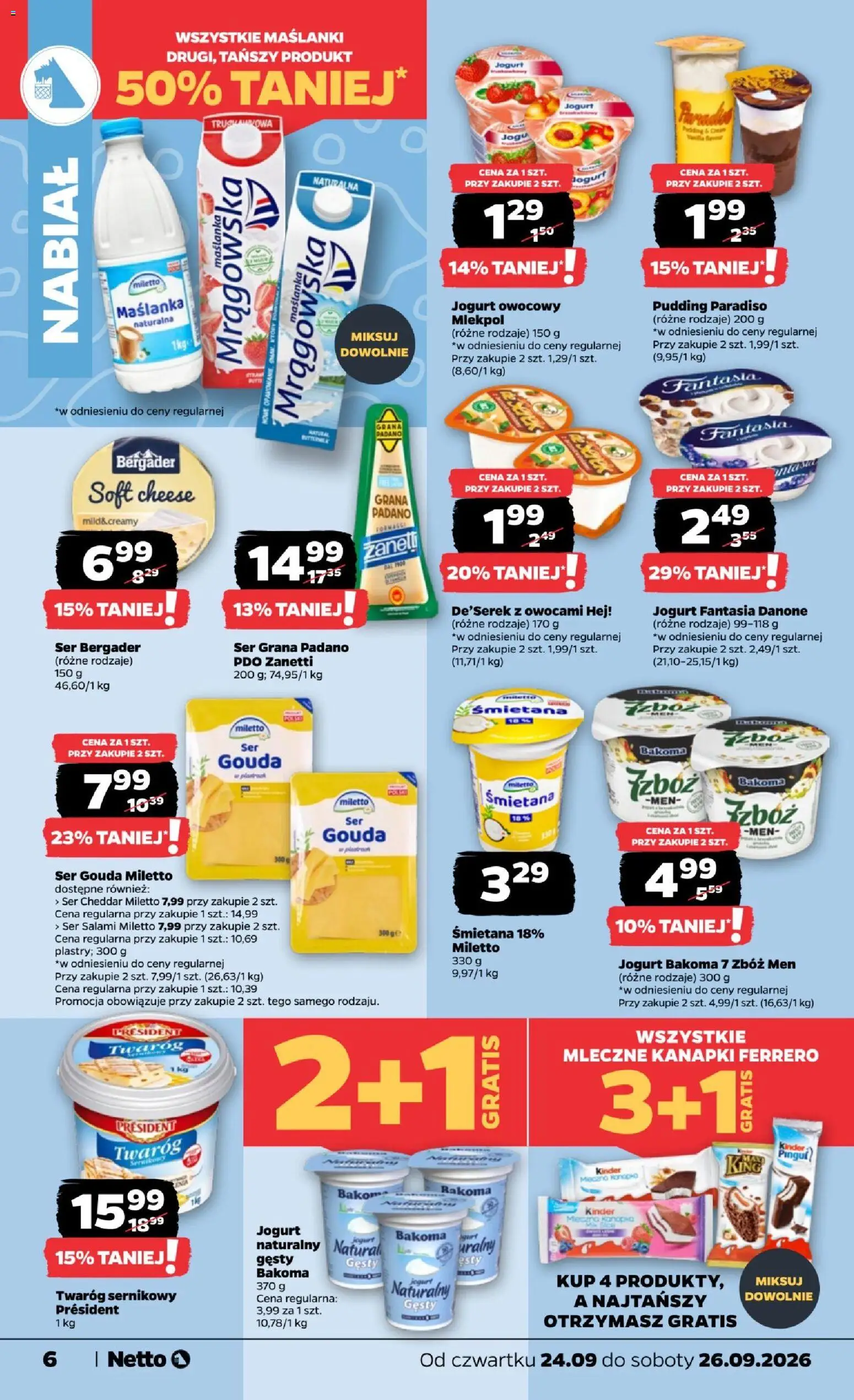 Netto gazetka od czwartku od 24.09.2026 | Strona: 6 | Produkty: Grana padano, Maślanka, Śmietana, Ser gouda