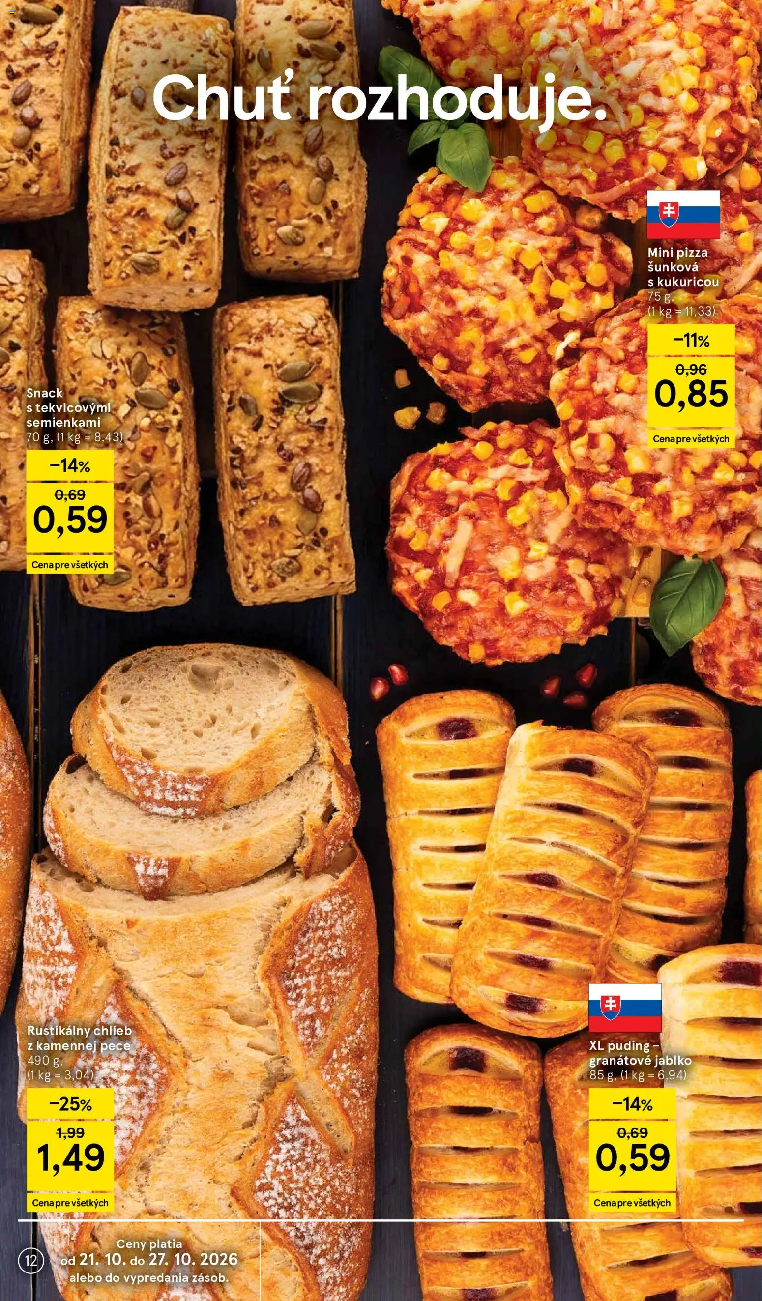 Nové Tesco akcie – leták je platný od 21.10.2026 | Strana: 12 | Produkty: Chlieb, Pizza, Puding, Granátové jablko