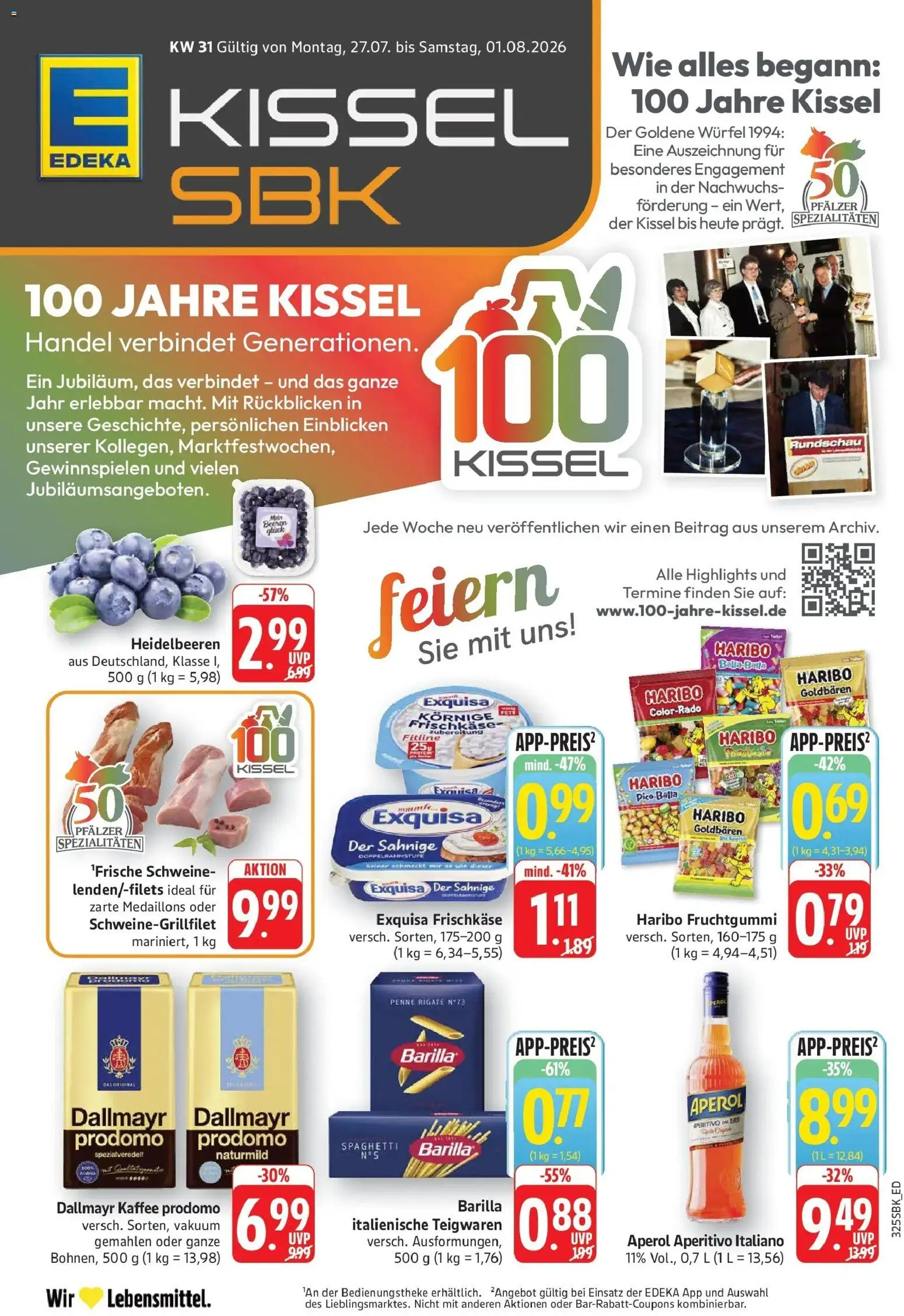 Edeka Prospekt Bruchsal – gültig ab 27.07.2026 | Seite: 1 | Produkte: Haribo, Exquisa frischkase, Heidelbeeren, Aperol