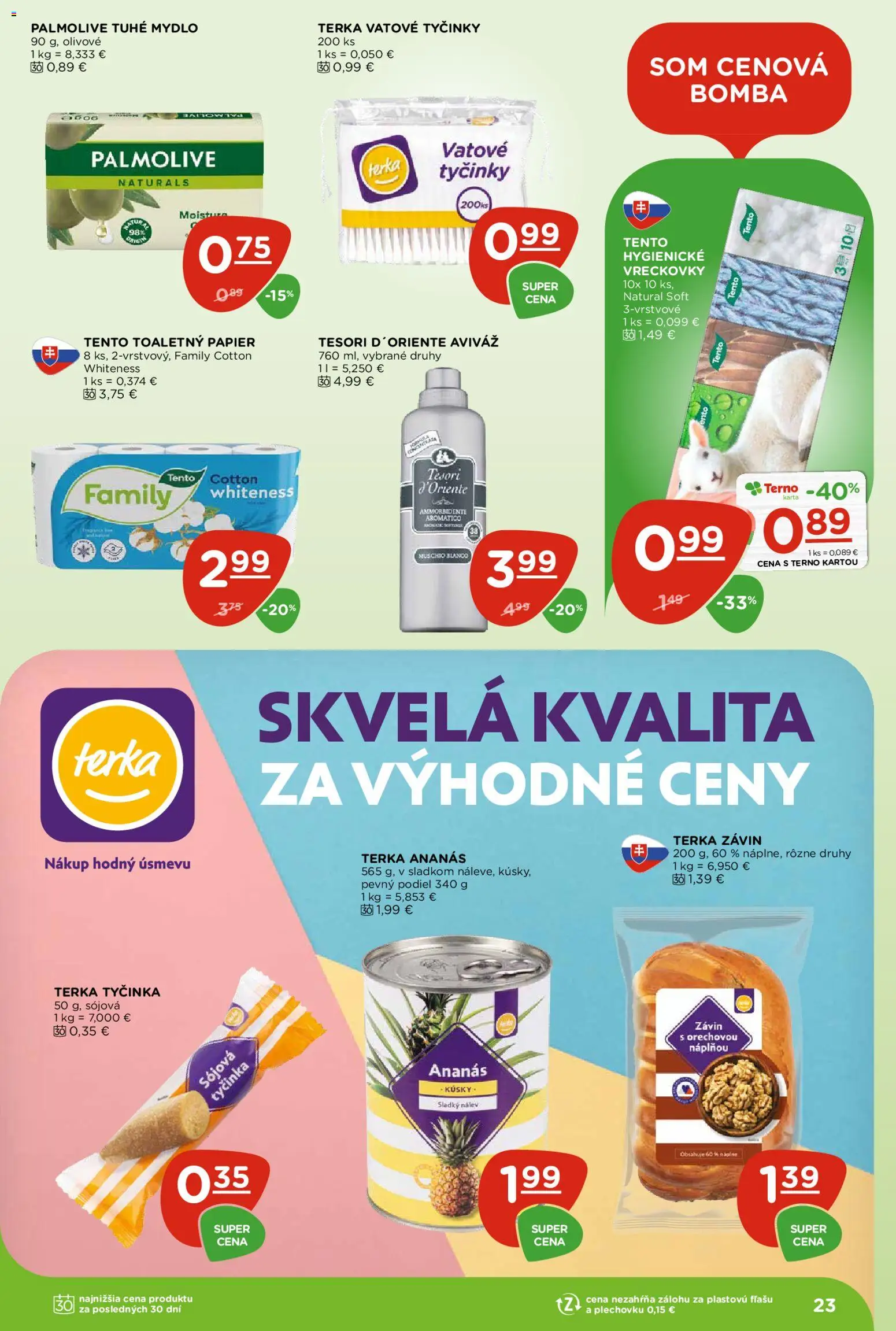Nové Terno akcie – leták je platný od 27.08.2026 | Strana: 23 | Produkty: Závin, Toaletný papier, Ananás, Vreckovky