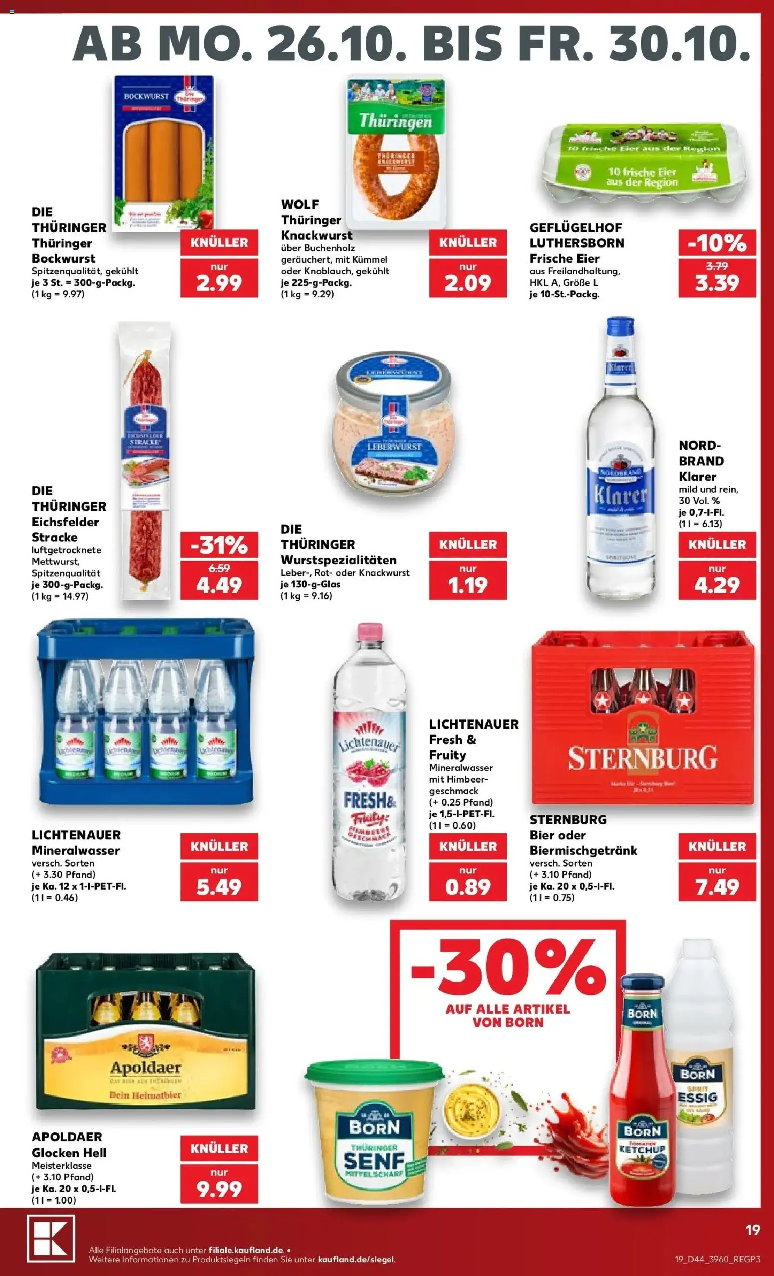 Prospekt Kaufland ab 26.10.2026 » Angebote Online zum Blättern | Seite: 19 | Produkte: Bockwurst, Eier, Mineralwasser, Ketchup