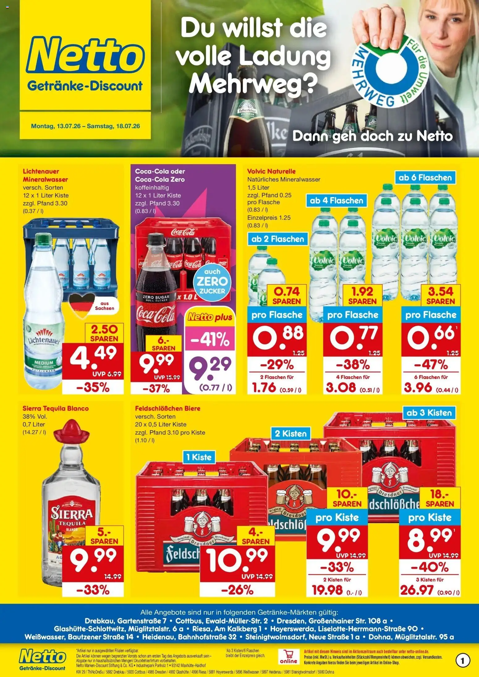 Netto Marken-Discount Prospekt Riesa – gültig ab 13.07.2026 | Seite: 1 | Produkte: Cola, Mineralwasser, Tequila, Zucker