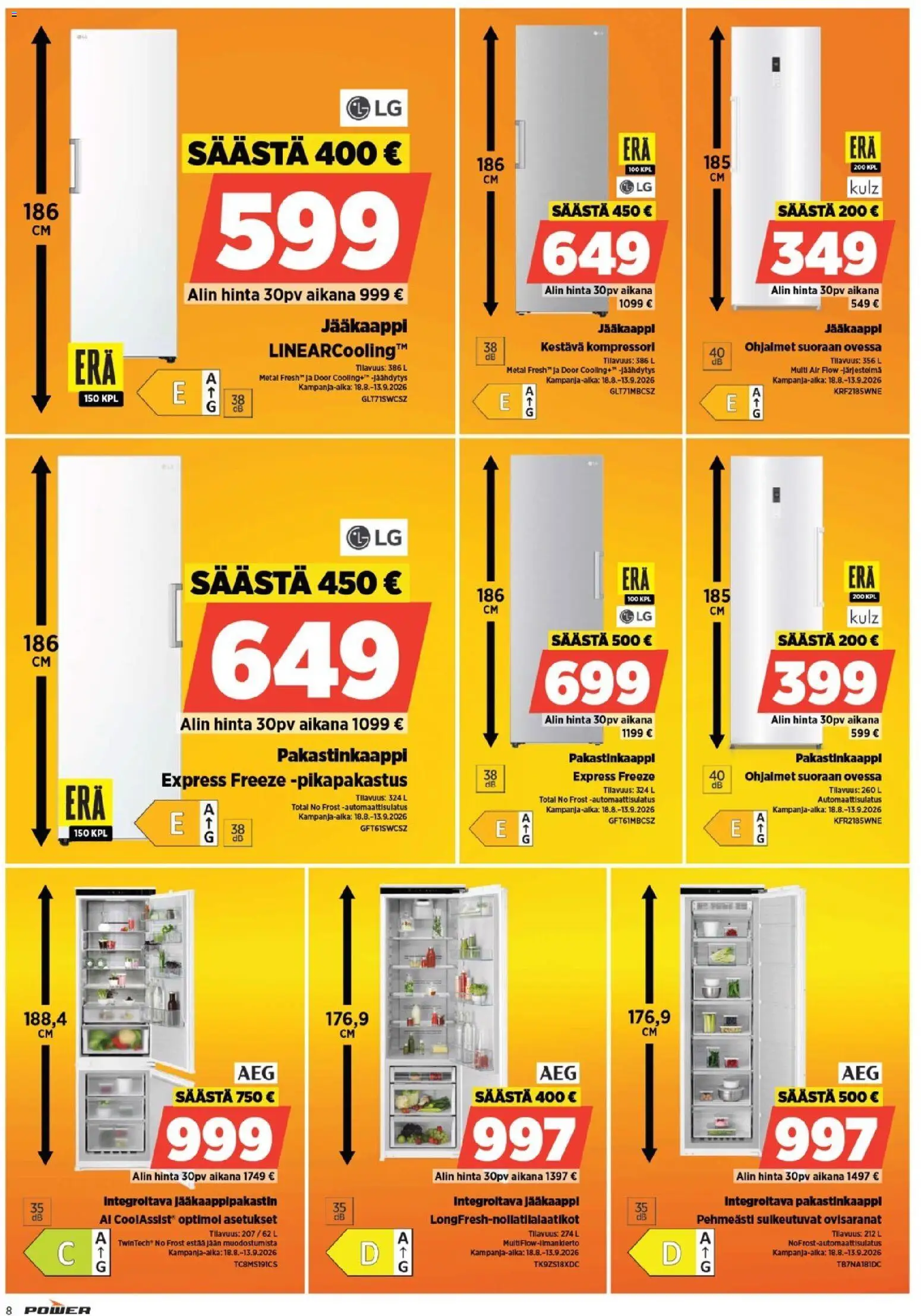 Power tarjoukset – voimassa 31/08/2026 alkaen | Sivu: 8 | Tuotteet: Jääkaappi, Jääkaappipakastin, Pakastinkaappi