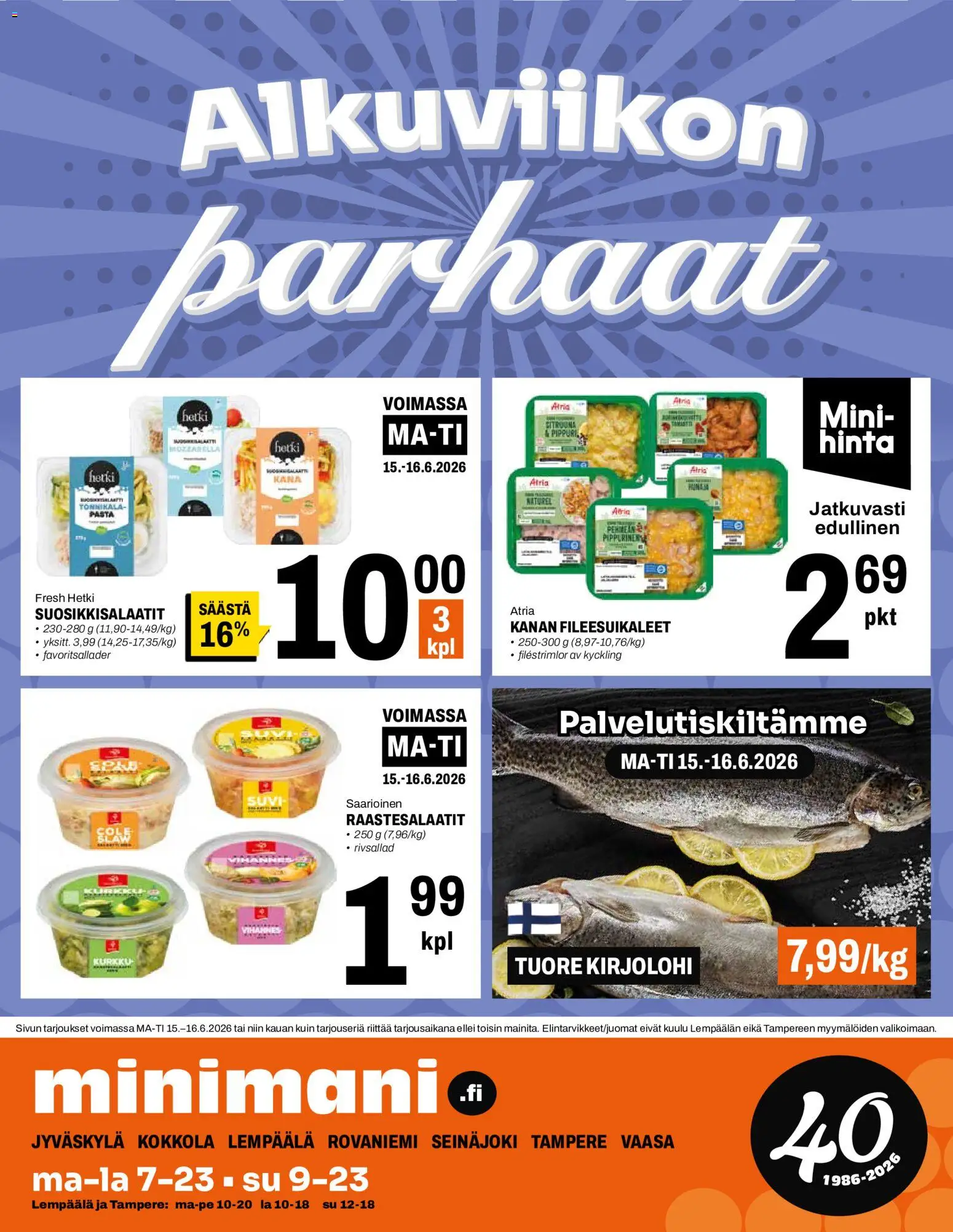 Minimani tarjoukset – voimassa 10.06.2026 alkaen | Sivu: 12 | Tuotteet: Kirjolohi, Mozzarella, Kana, Pasta