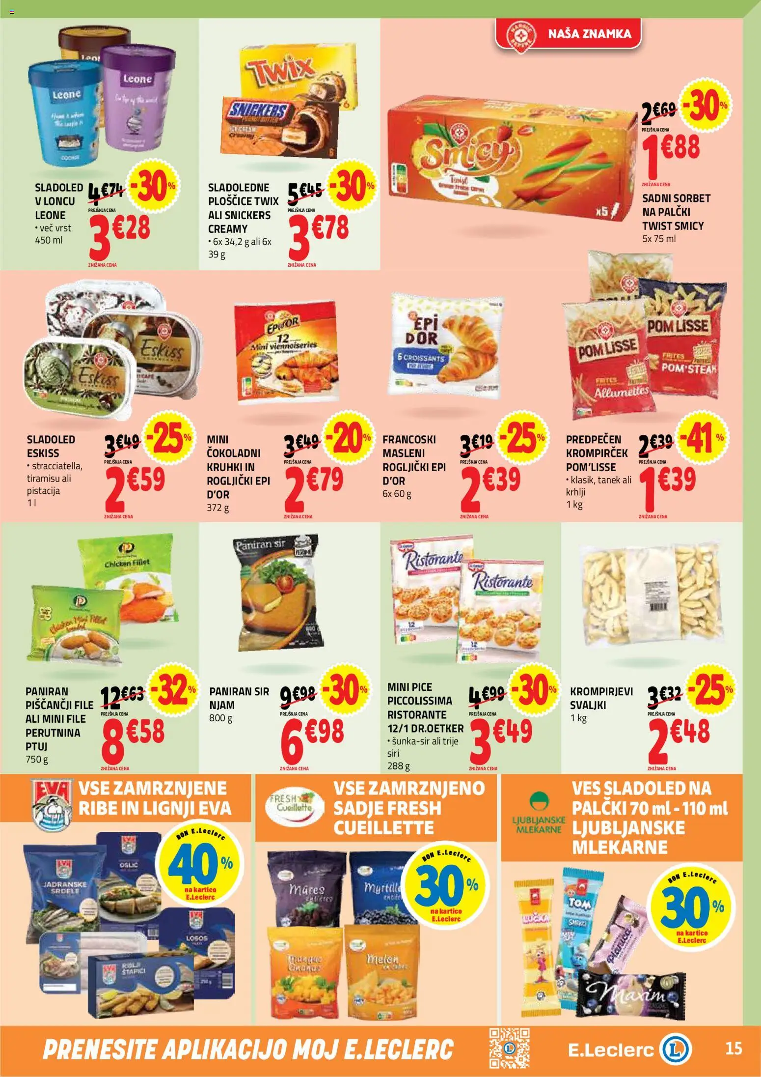 Novi E.leclerc katalog ponudbe – veljaven od 01.07.2026 | Stran: 15 | Izdelki: Lignji, Rogljički, Ribe, Sladoled